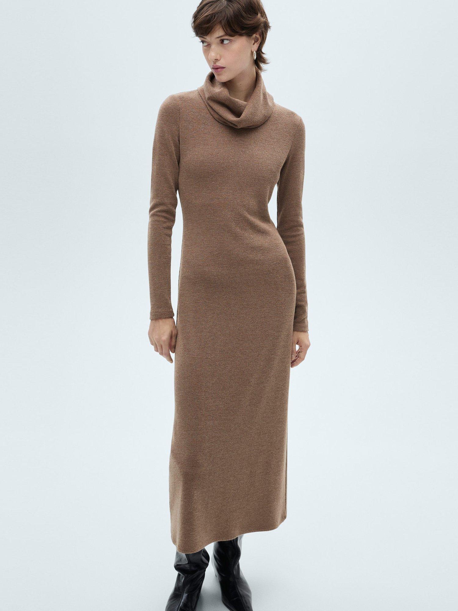 Product image 1 of 8, which shows Mango Gino Roll Neck Fitted Jumper Dress, Brown, 14