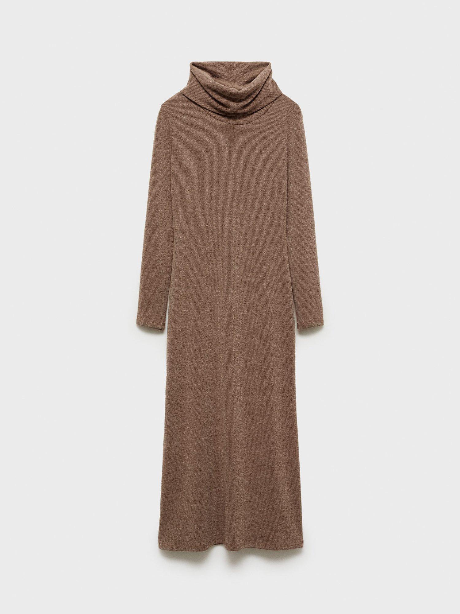 Product image 3 of 8, which shows Mango Gino Roll Neck Fitted Jumper Dress, Brown, 14