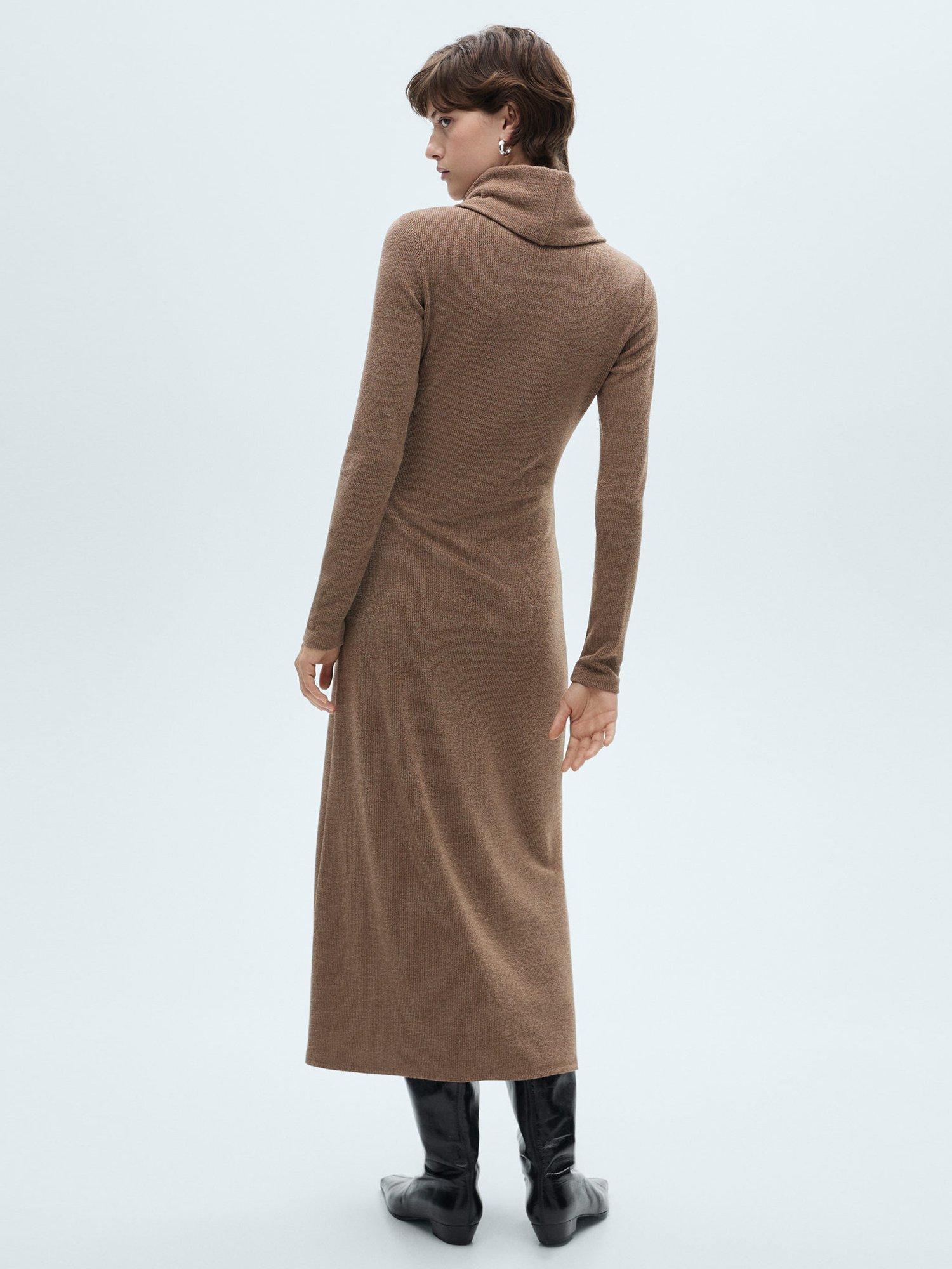 Product image 4 of 8, which shows Mango Gino Roll Neck Fitted Jumper Dress, Brown, 14