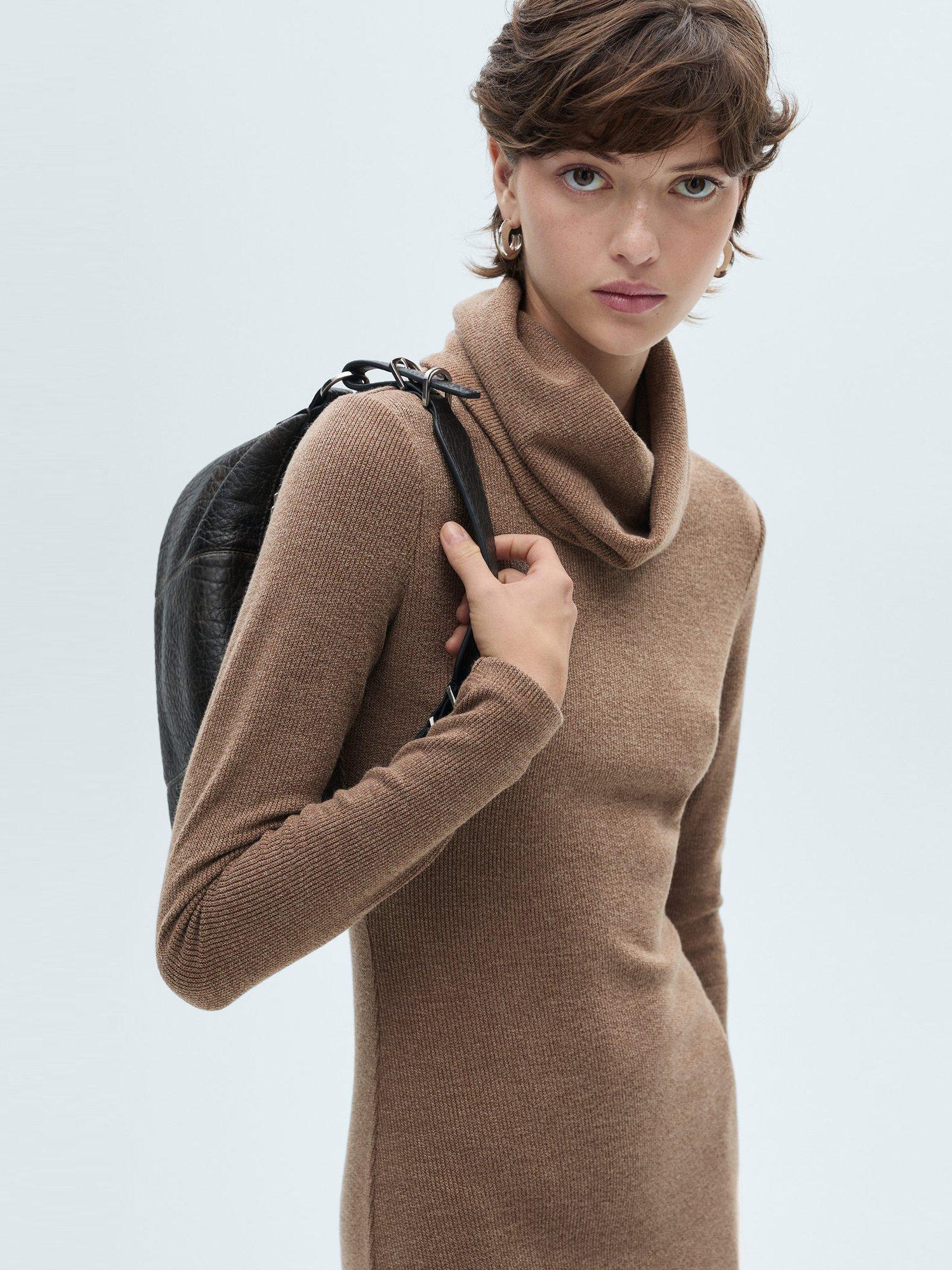 Product image 7 of 8, which shows Mango Gino Roll Neck Fitted Jumper Dress, Brown, 14