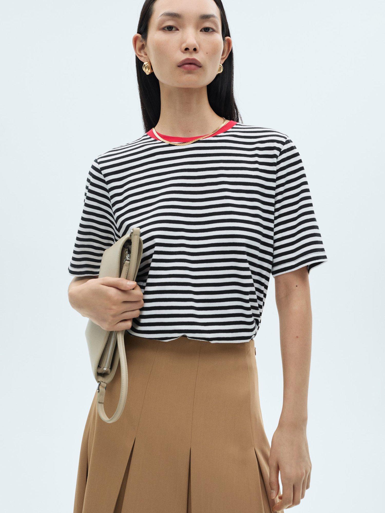 Mango Bella Stripe Contrast Collar T-Shirt, Black