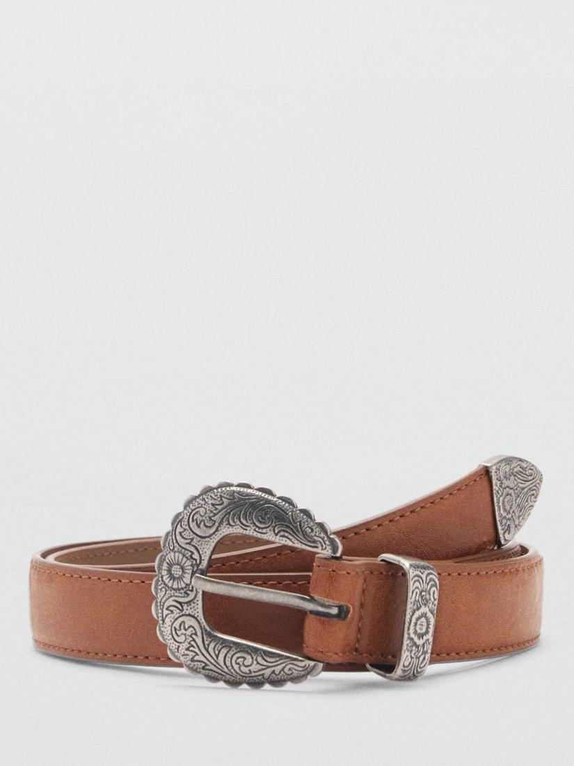 Product image 1 of 4, which shows Mango Nola Embossed Buckle Belt, Brown, S