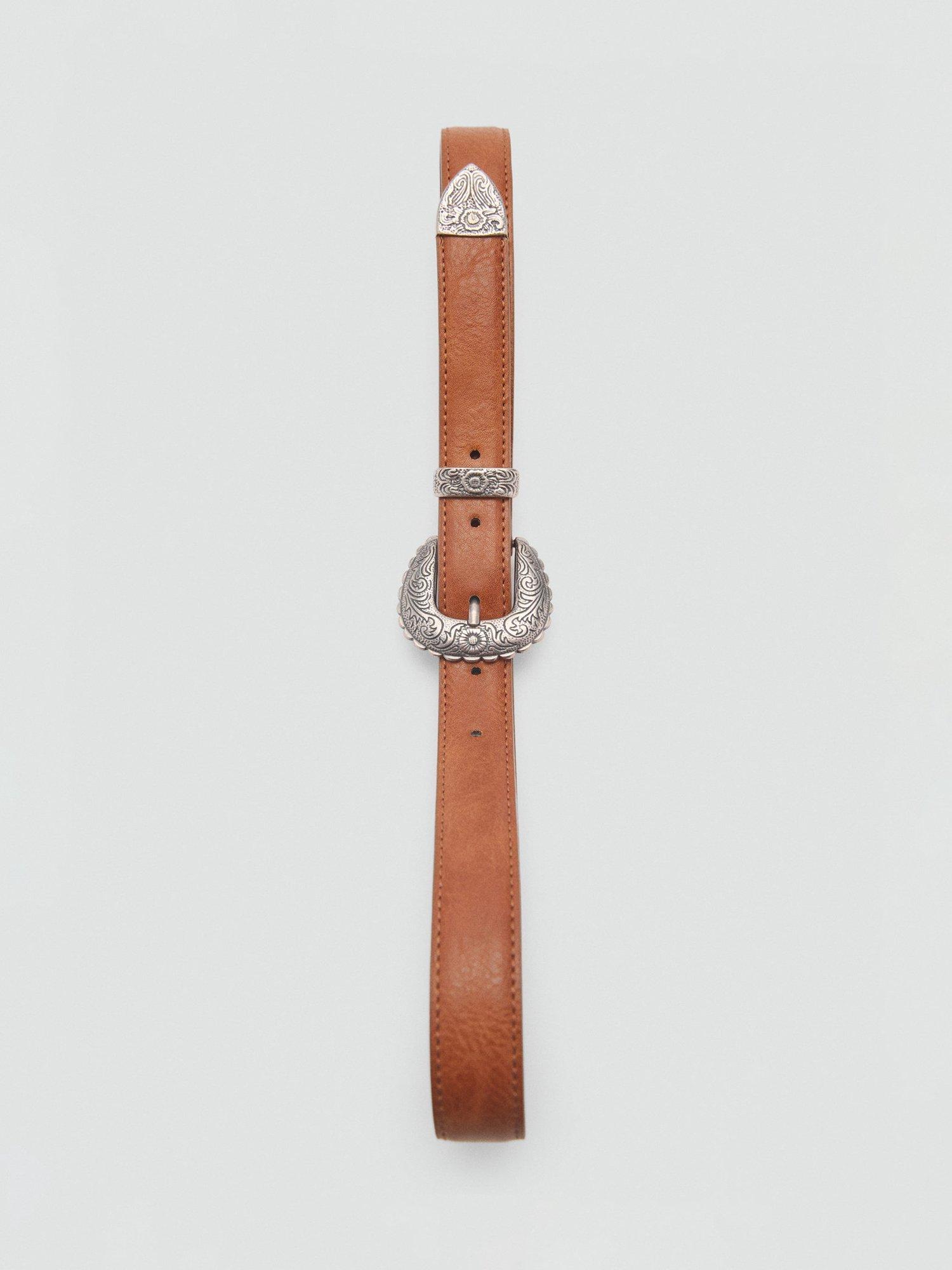 Product image 4 of 4, which shows Mango Nola Embossed Buckle Belt, Brown, S