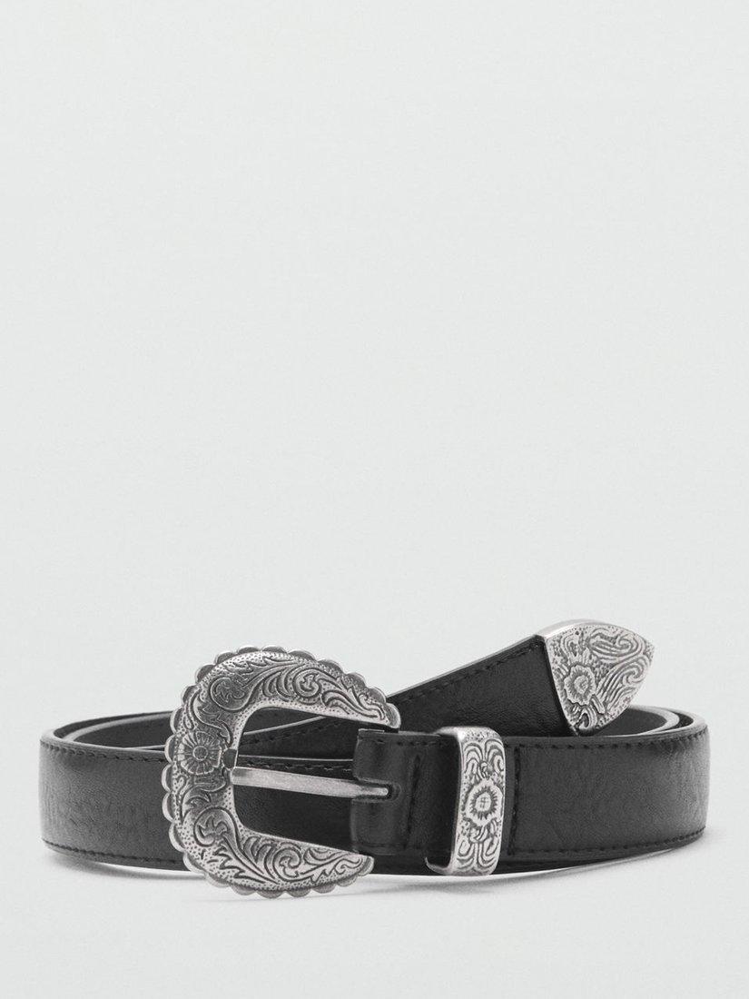 Mango Nola Embossed Buckle Belt, Black