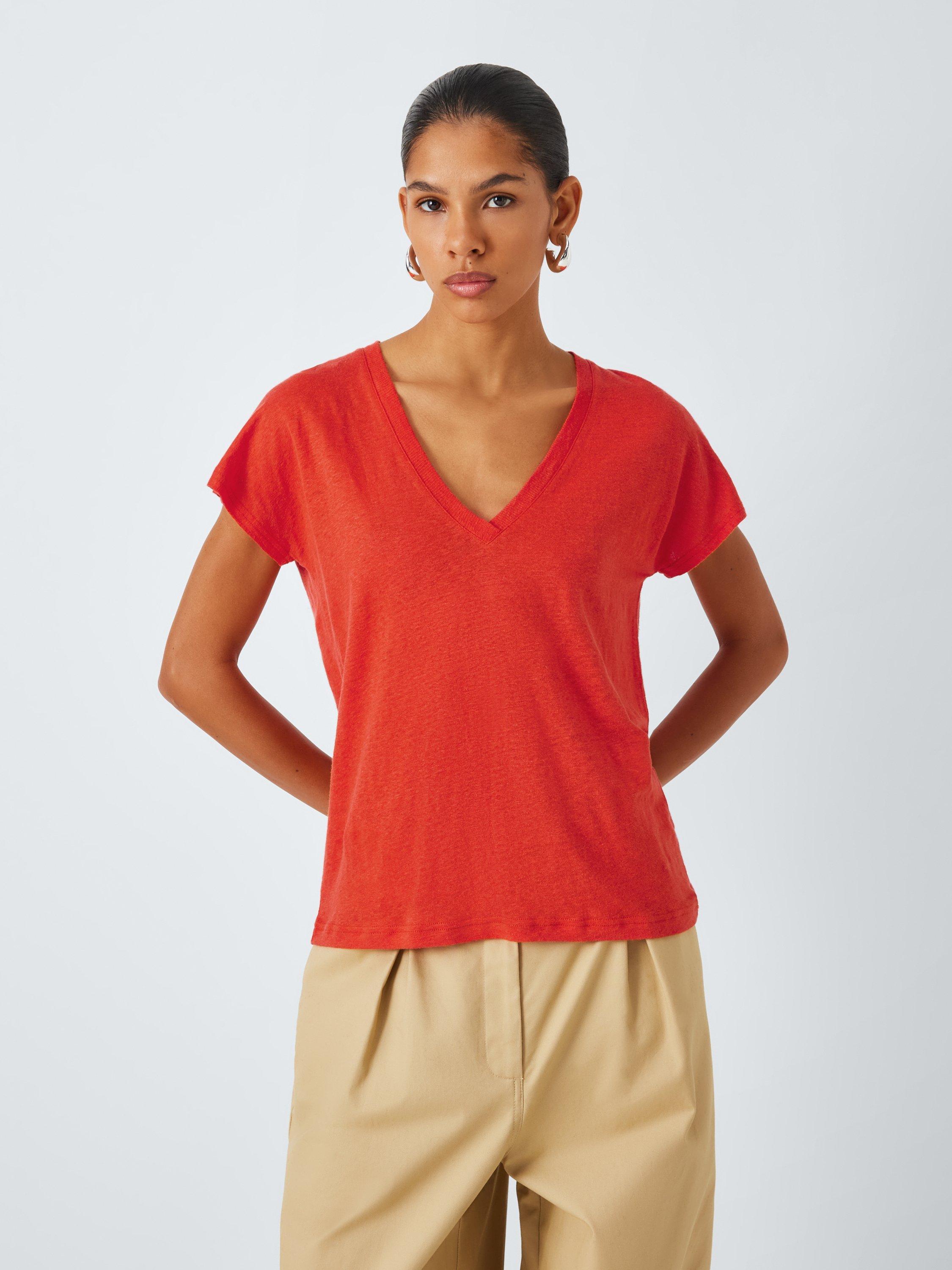 Product image 1 of 6, which shows John Lewis Short Sleeve V-Neck Linen T-Shirt, Red Clay, 8