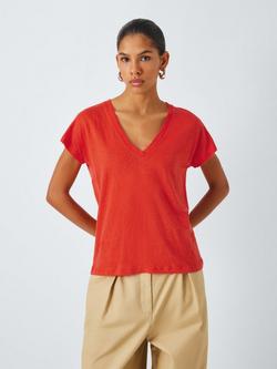 John Lewis Short Sleeve V-Neck Linen T-Shirt, Red Clay