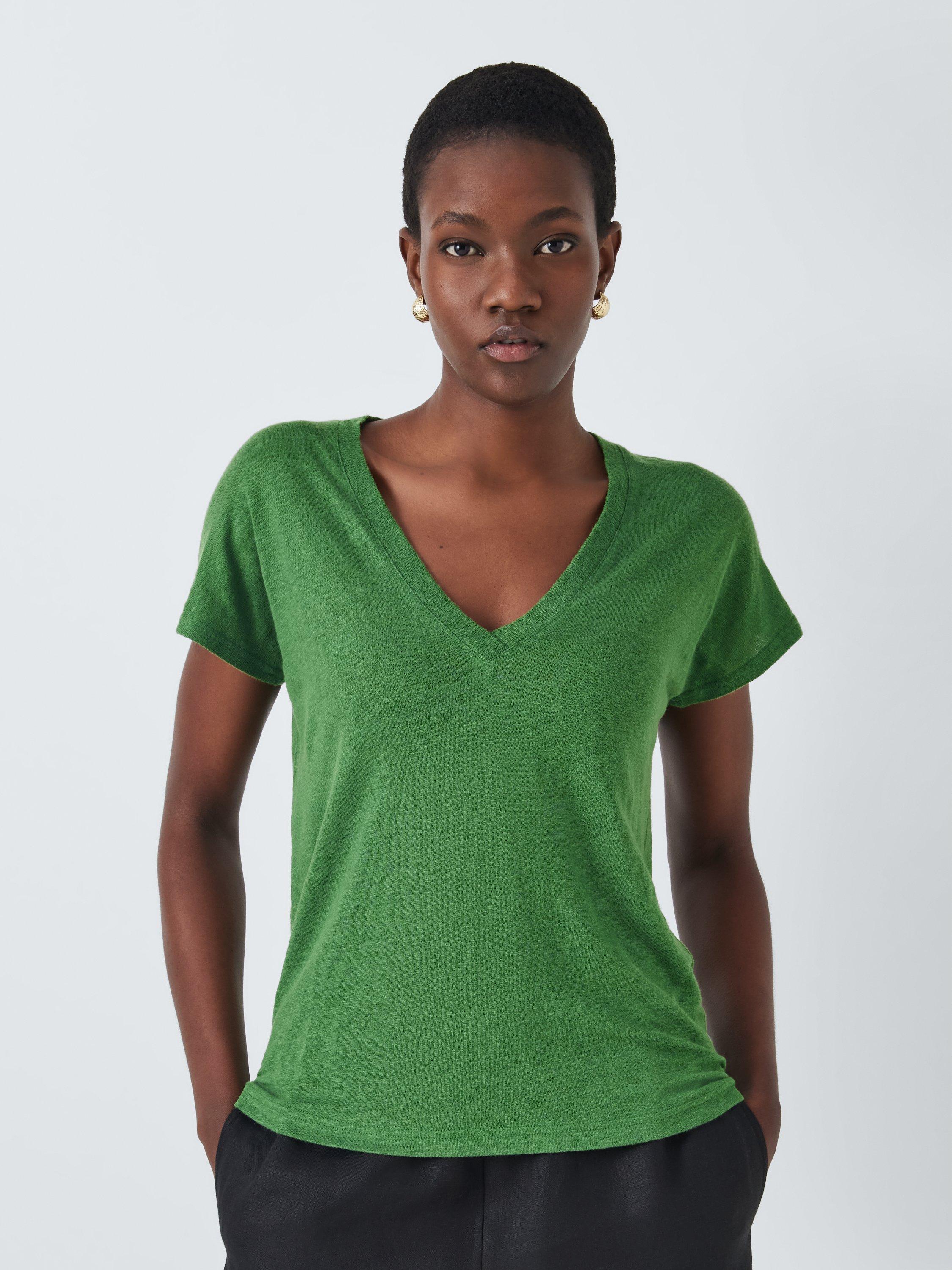 Product image 1 of 6, which shows John Lewis Short Sleeve V-Neck Linen T-Shirt, Artichoke Green, 8
