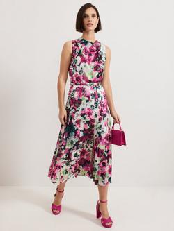 Phase Eight Janina Floral Pleat Midi Dress, Pink/Multi, Pink/Multi