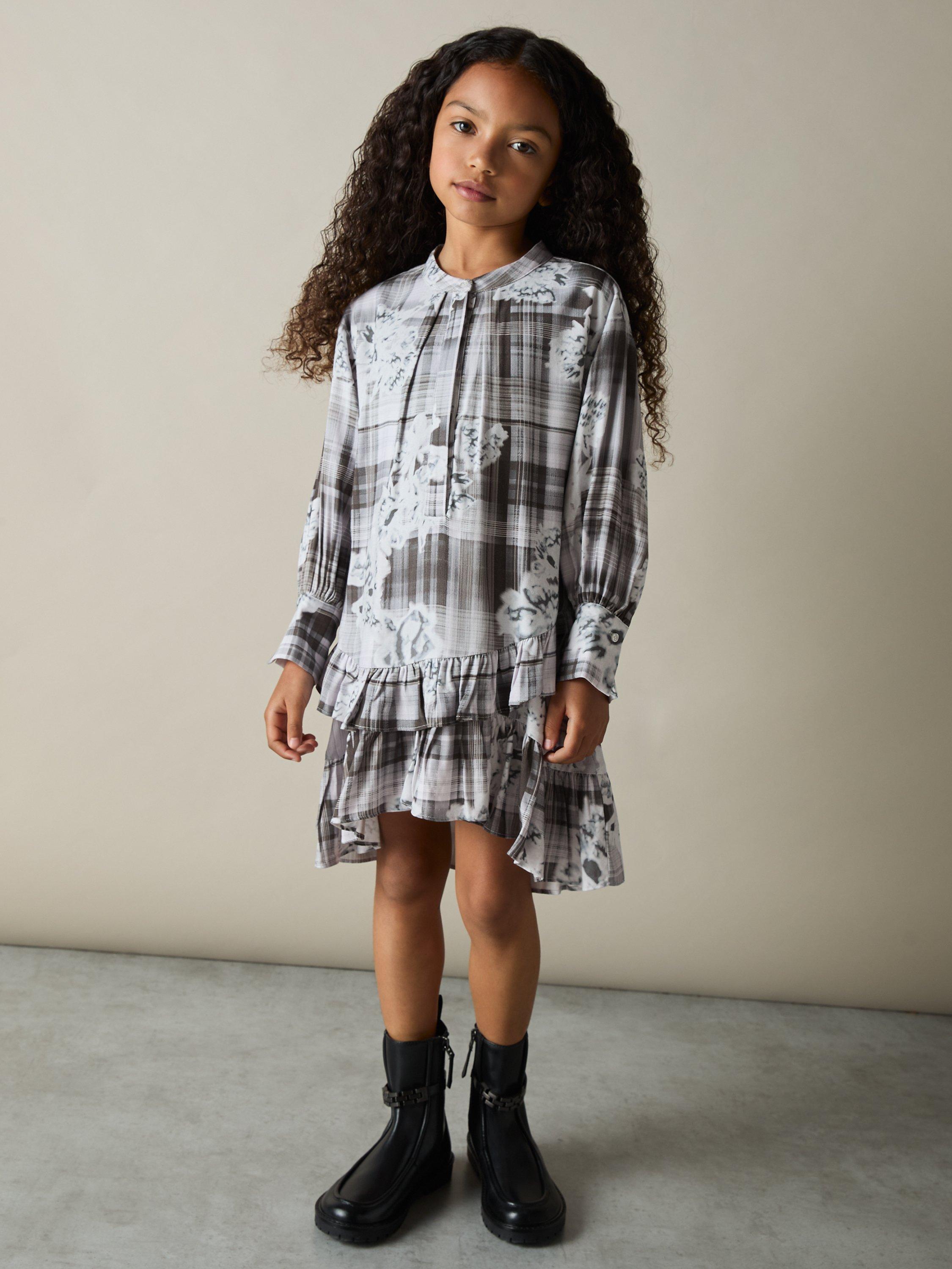 Product image 2 of 4, which shows Reiss Kids' Alodie Floral Check Frilly Dress, Grey, 6-7 years