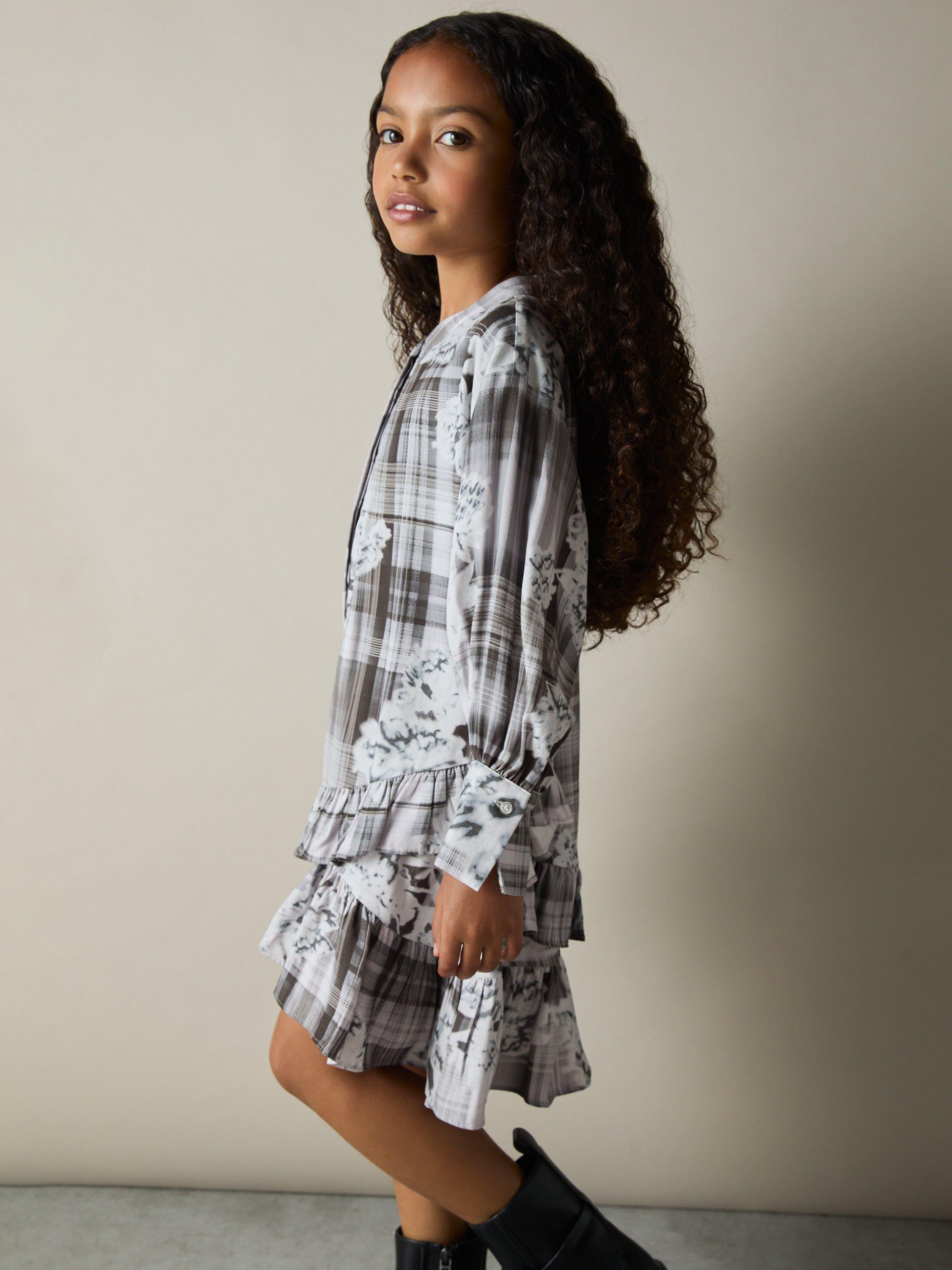 Product image 3 of 4, which shows Reiss Kids' Alodie Floral Check Frilly Dress, Grey, 6-7 years