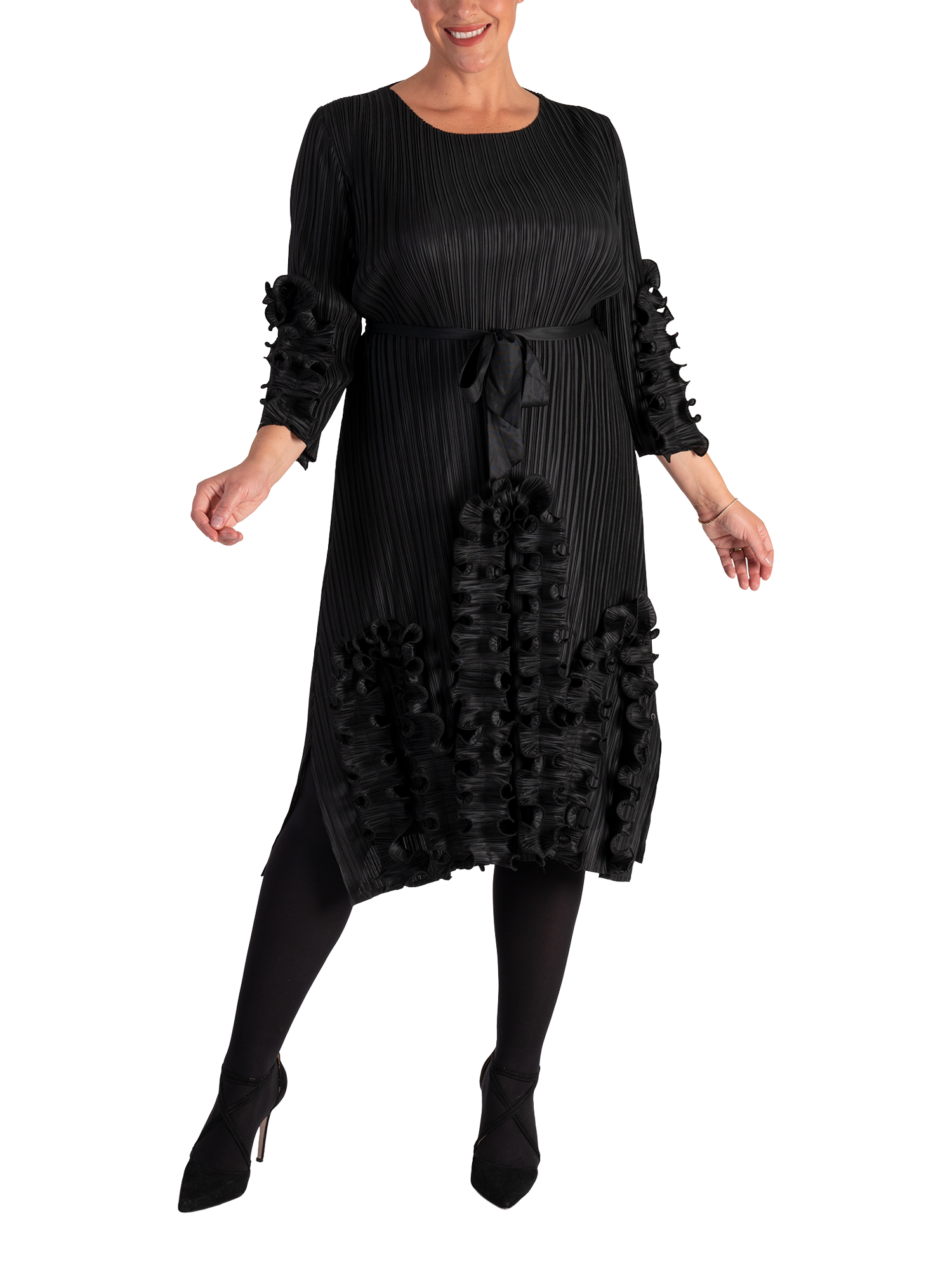 Product image 1 of 5, which shows chesca Pleated Frill Trim Dress, Black, One Size