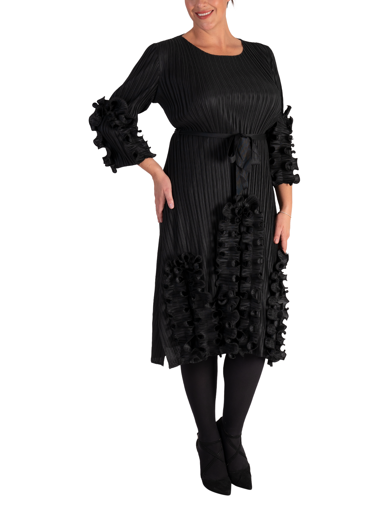 Product image 3 of 5, which shows chesca Pleated Frill Trim Dress, Black, One Size