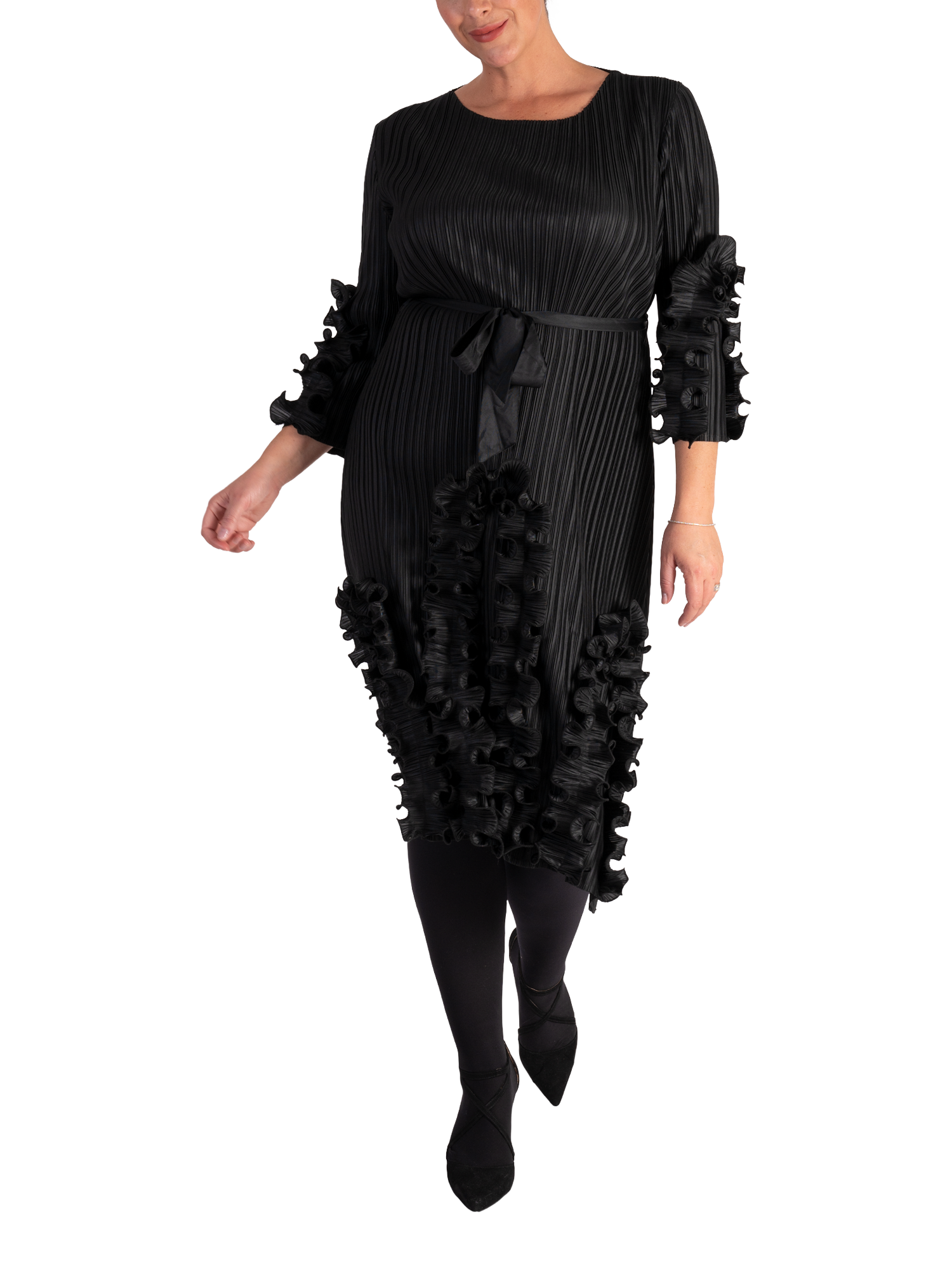 Product image 4 of 5, which shows chesca Pleated Frill Trim Dress, Black, One Size