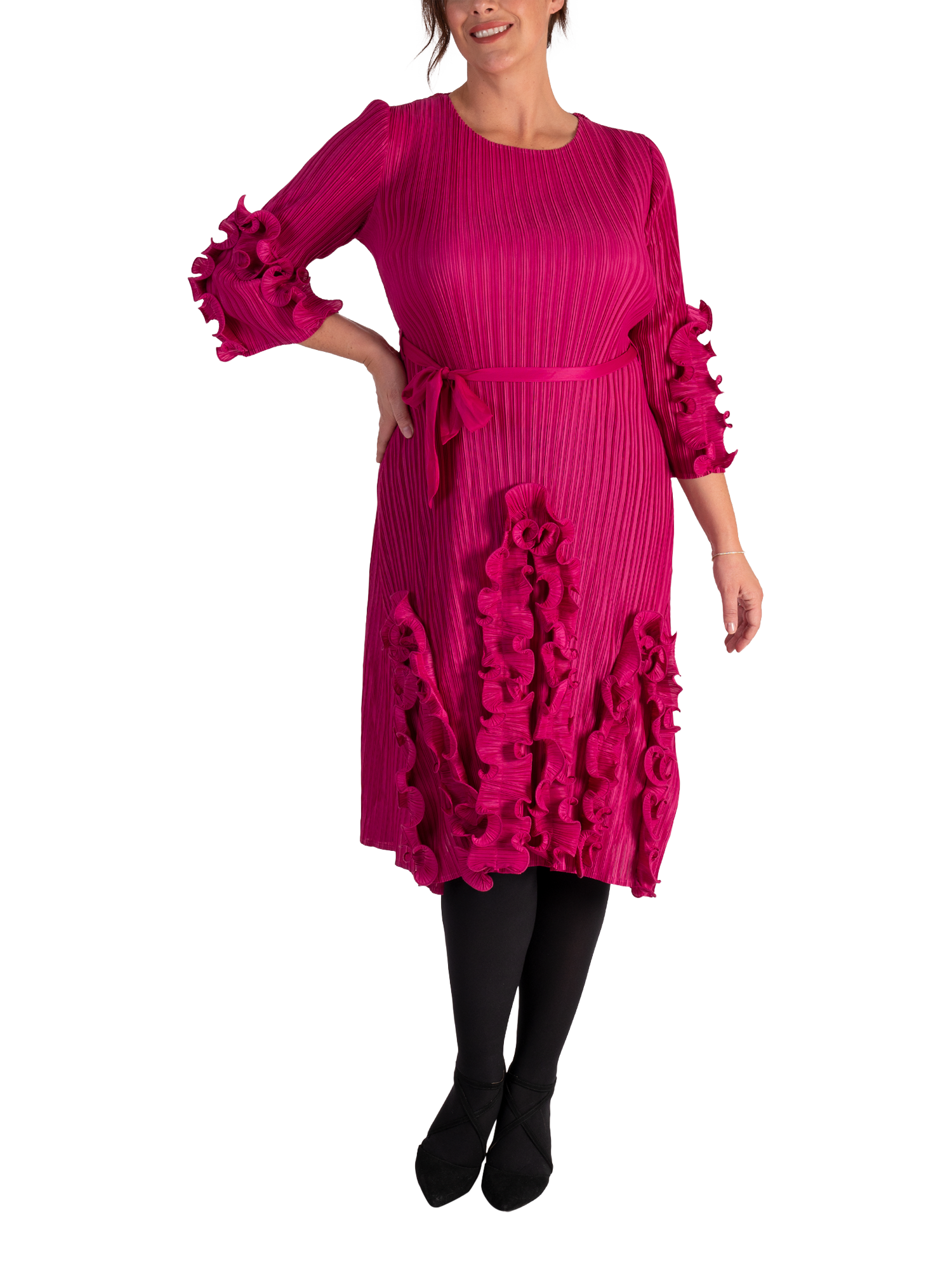 Product image 1 of 5, which shows chesca Pleated Frill Trim Dress, Cherry, One Size