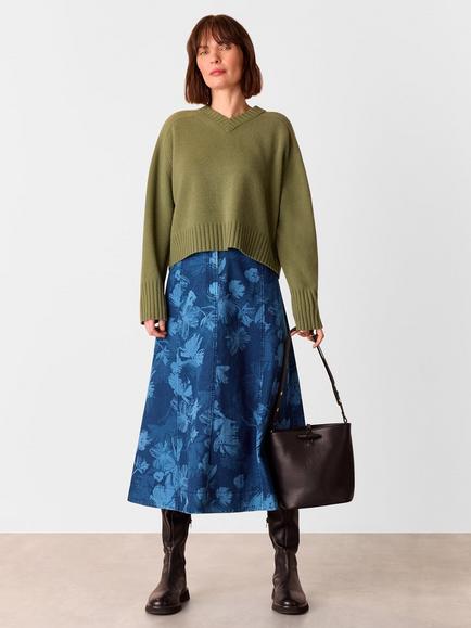 Whistles Chalk Print Denim Midi Skirt, Blue - view 2, Blue