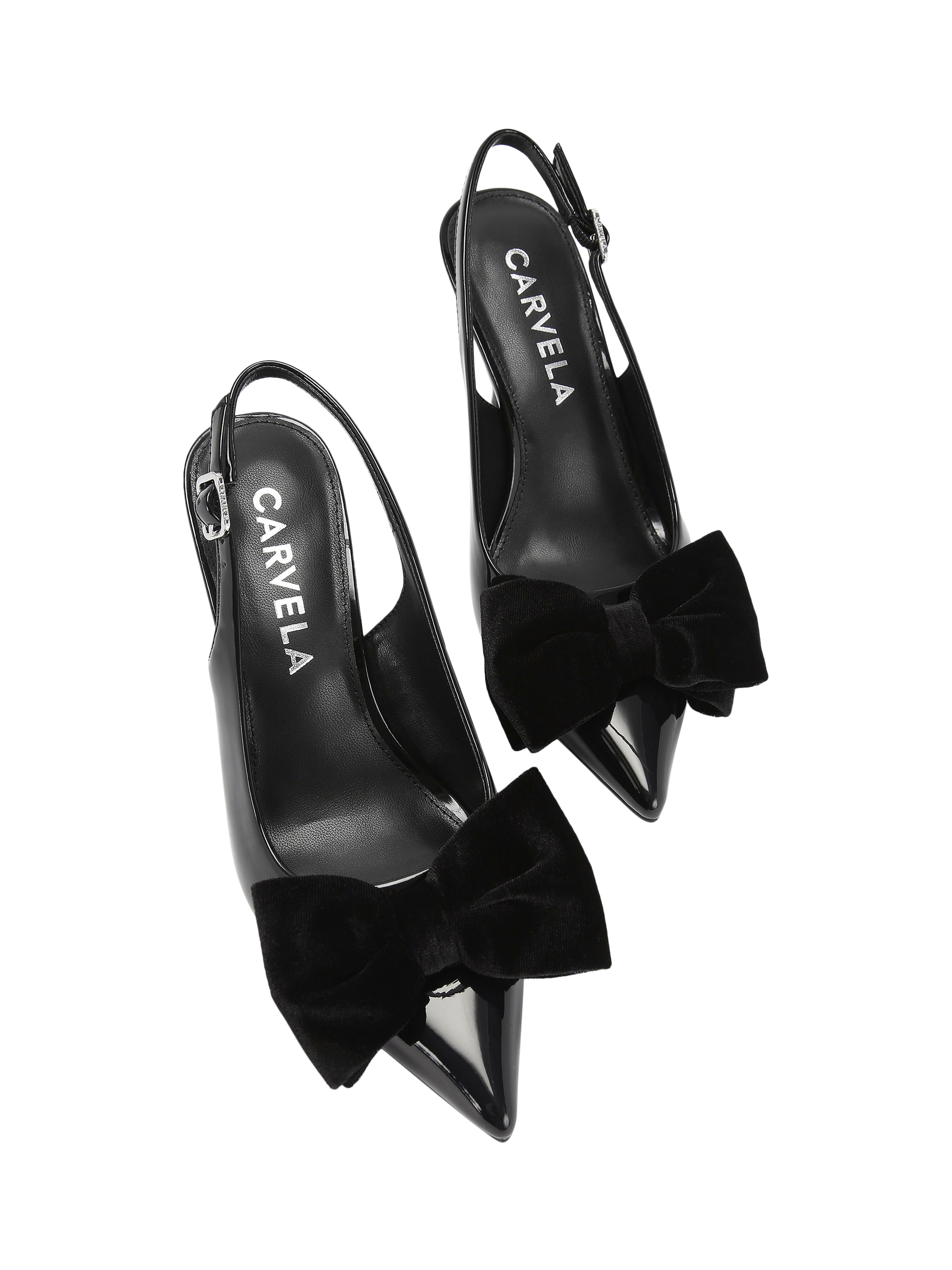 Product image 3 of 5, which shows Carvela Lavish Velvet Bow Pointed Slingback Courts, Black, 3