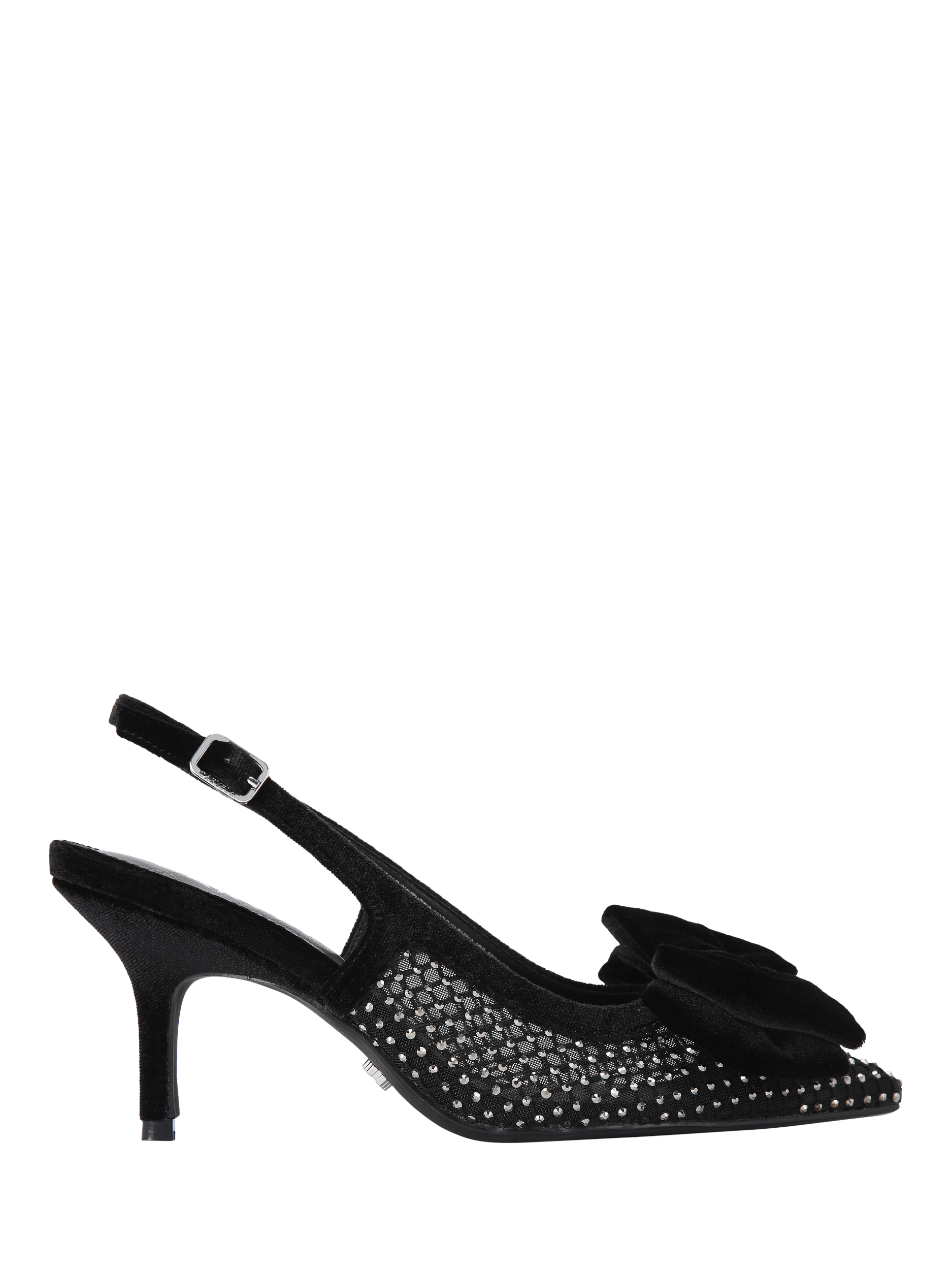 Product image 1 of 5, which shows Carvela Lavish Velvet Bow Embellished Mesh Pointed Slingback Courts, Black, 3