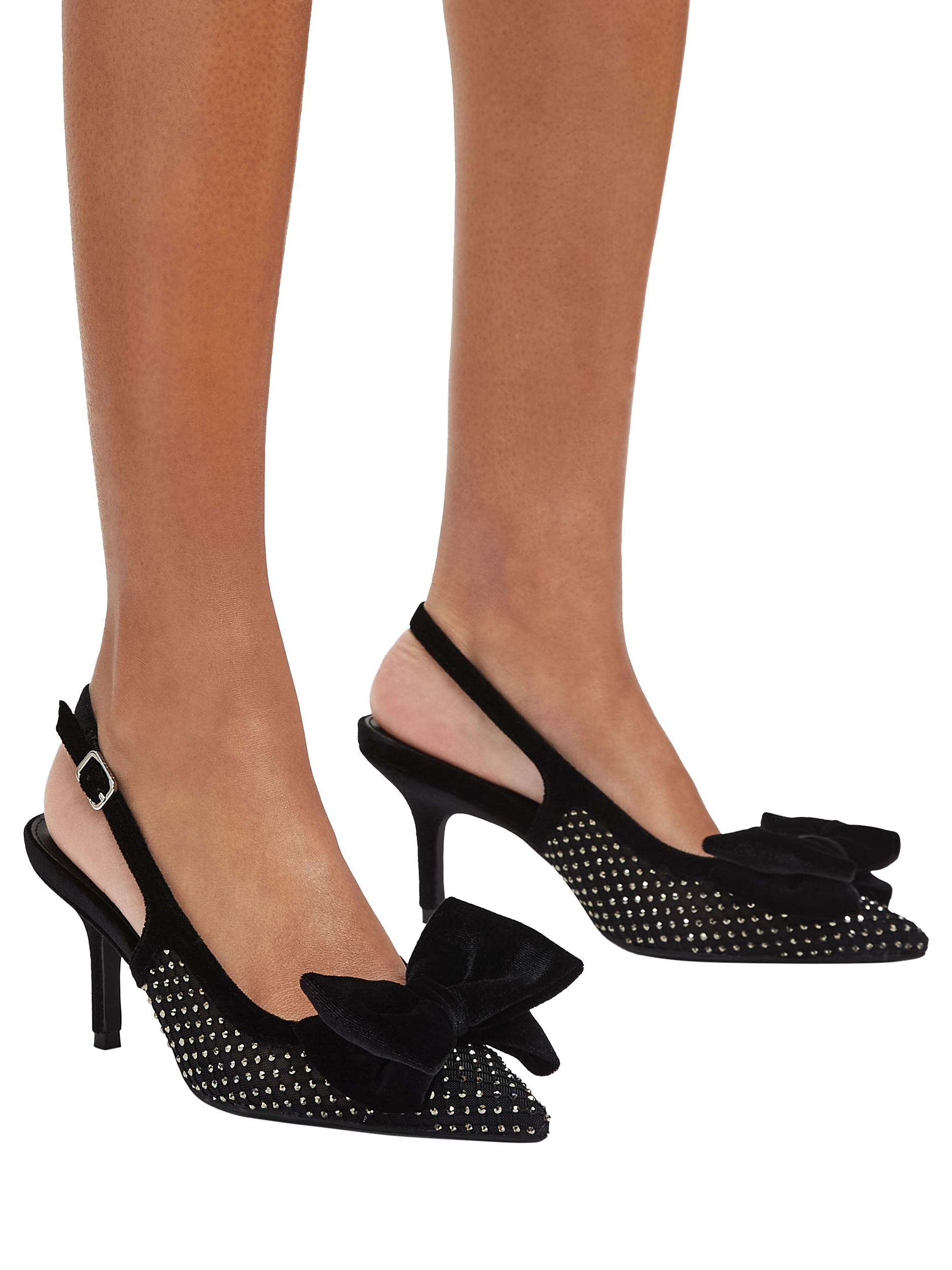Product image 2 of 5, which shows Carvela Lavish Velvet Bow Embellished Mesh Pointed Slingback Courts, Black, 3