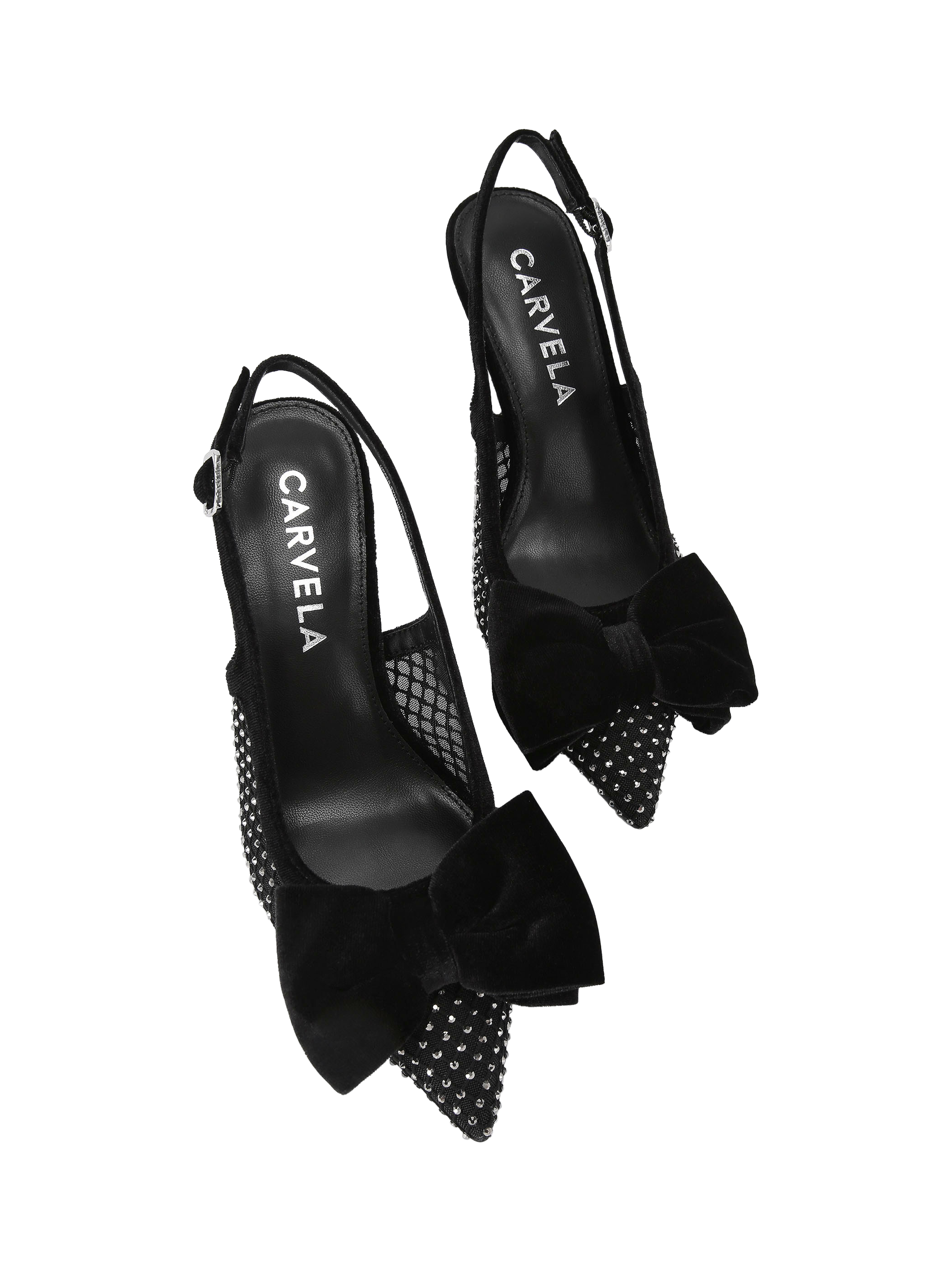 Product image 3 of 5, which shows Carvela Lavish Velvet Bow Embellished Mesh Pointed Slingback Courts, Black, 3