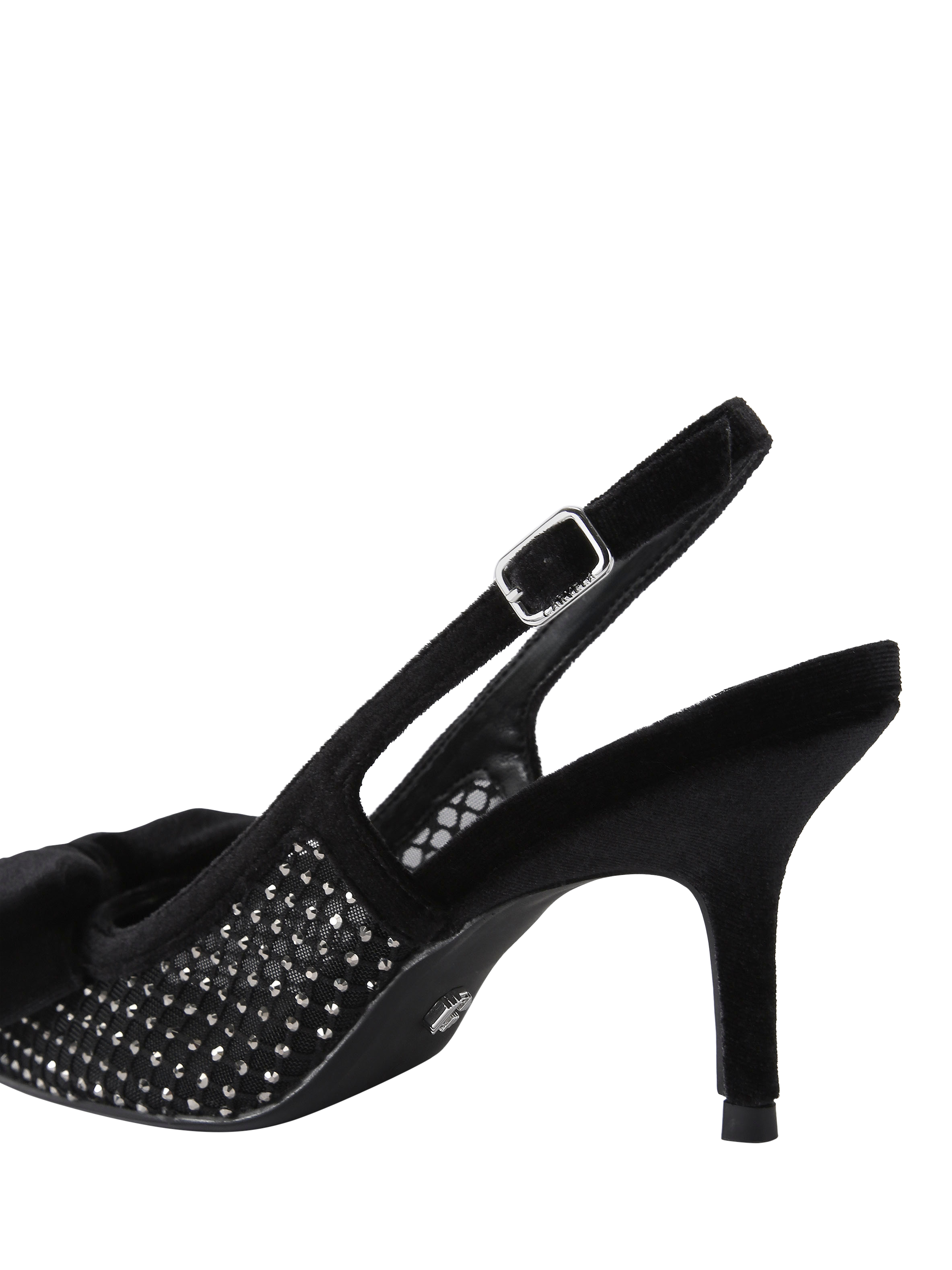 Product image 4 of 5, which shows Carvela Lavish Velvet Bow Embellished Mesh Pointed Slingback Courts, Black, 3