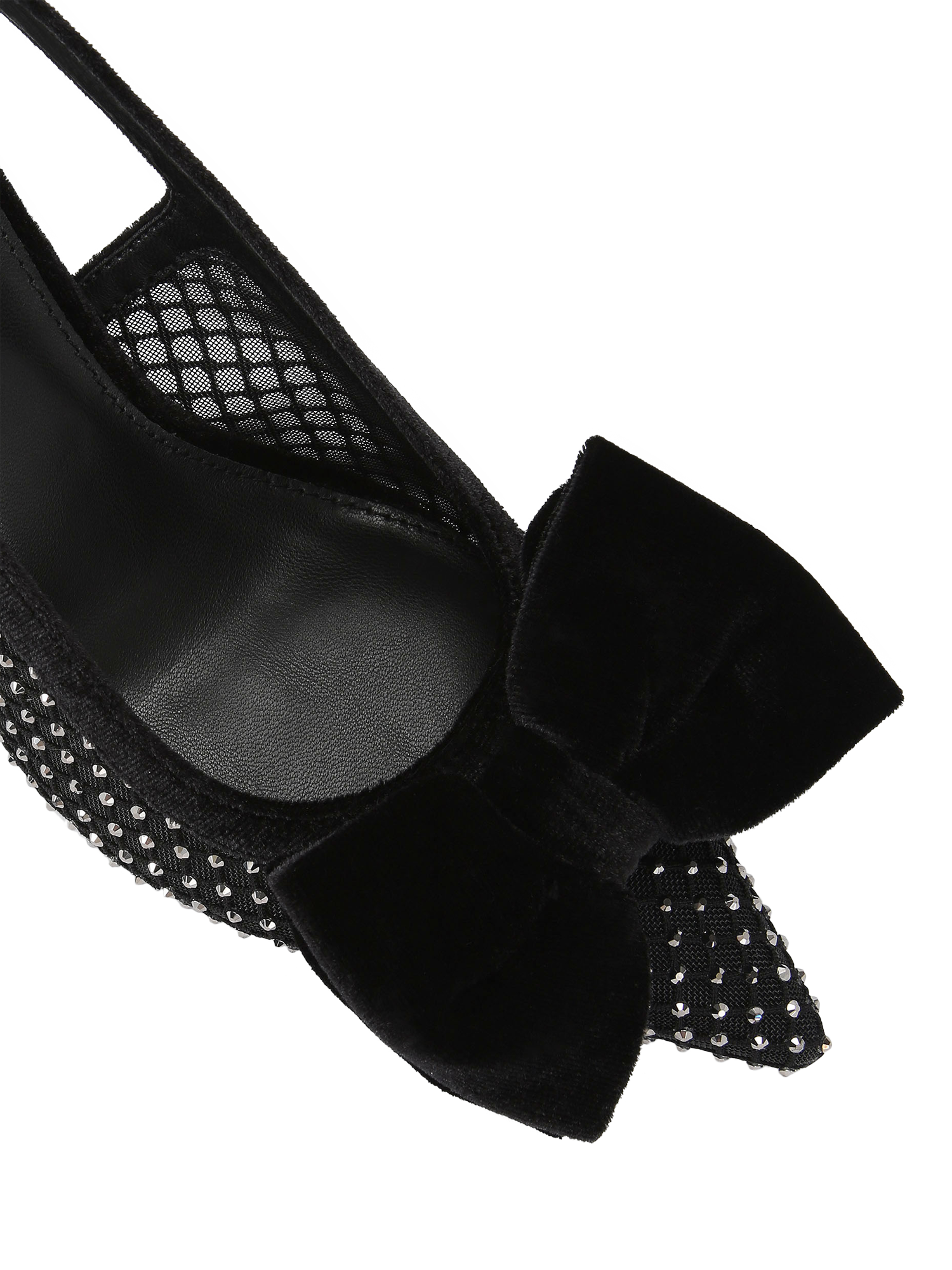 Product image 5 of 5, which shows Carvela Lavish Velvet Bow Embellished Mesh Pointed Slingback Courts, Black, 3
