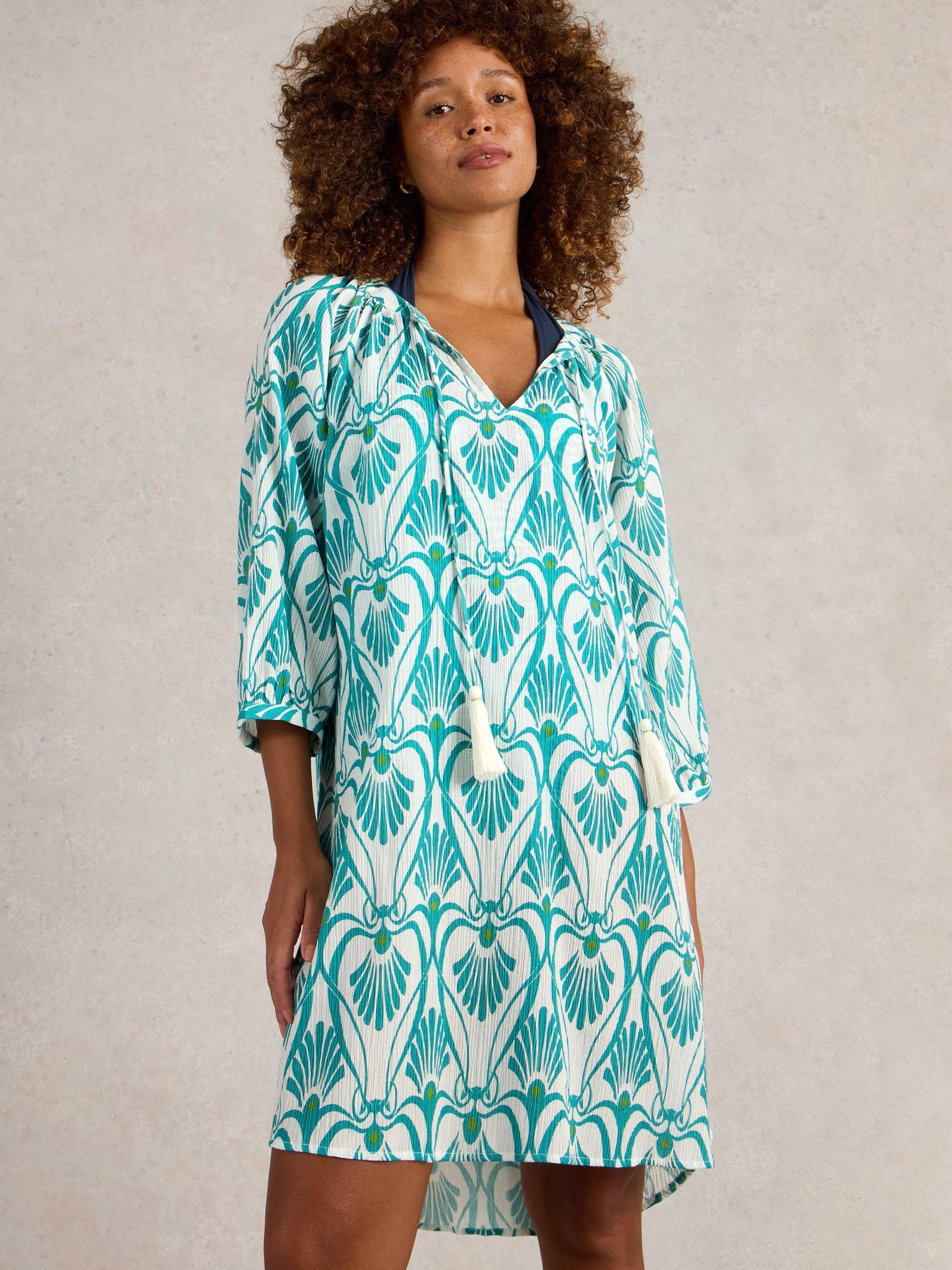 Product image 3 of 6, which shows White Stuff Lottie Pure Organic Cotton Kaftan, Blue/White, XXS