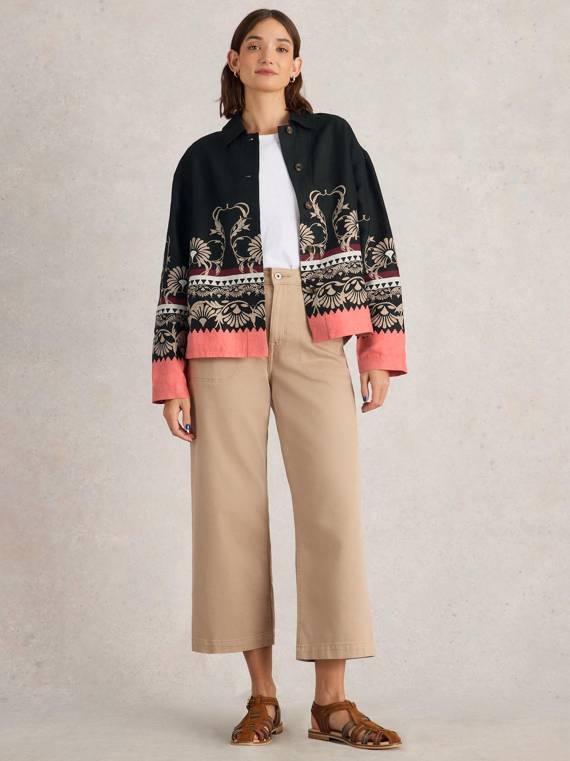 Product image 1 of 6, which shows White Stuff Carrie Pure Linen Jacket, Black/Multi, 8