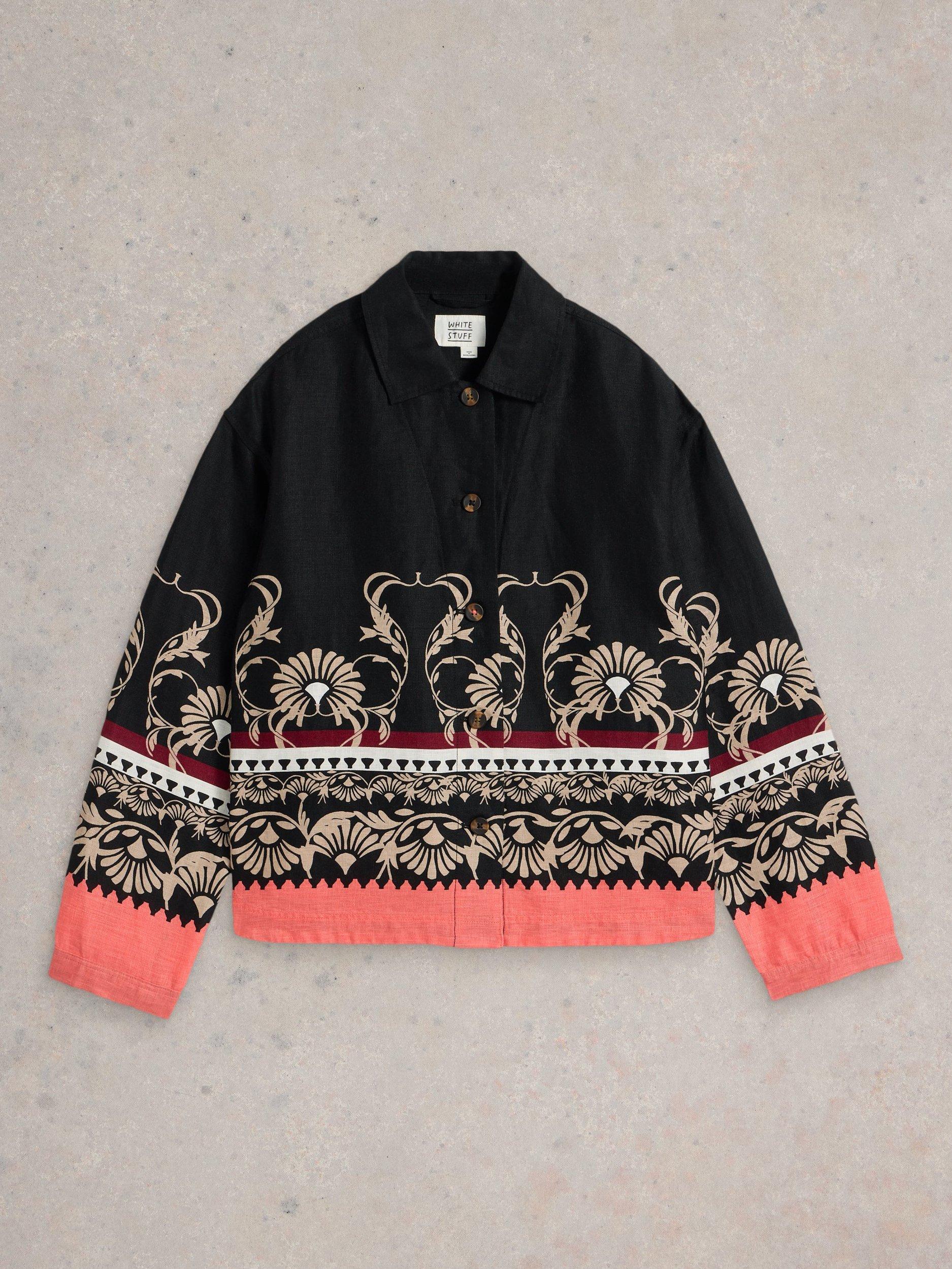 Product image 5 of 6, which shows White Stuff Carrie Pure Linen Jacket, Black/Multi, 8