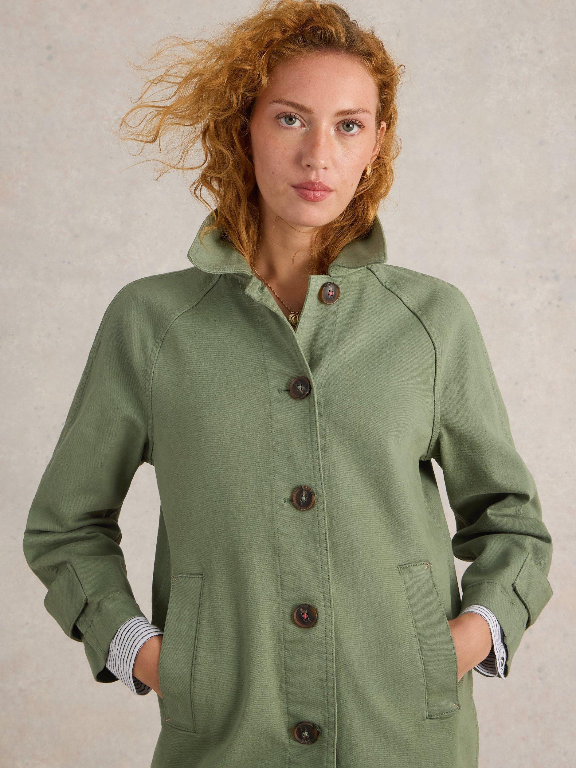 Product image 3 of 6, which shows White Stuff Oakleigh Organic Cotton Rich Denim Jacket, Mid Green, 6