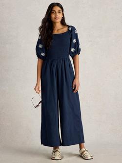 White Stuff Reese Embroidered Organic Cotton Rich Jumpsuit, French Navy, French Navy
