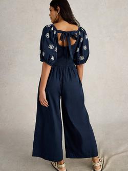 White Stuff Reese Embroidered Organic Cotton Rich Jumpsuit, French Navy - view 2, French Navy
