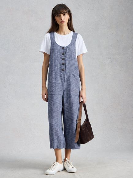 White Stuff Viola Pure Linen Dungarees, Chambray Blue, Chambray Blue