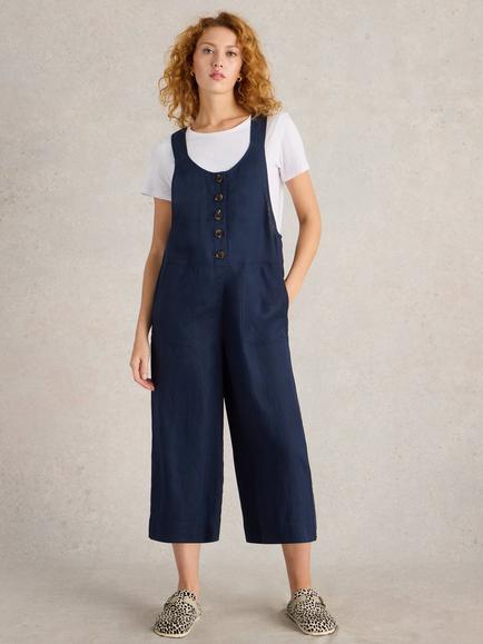 White Stuff Viola Pure Linen Dungarees, Dark Navy, Dark Navy