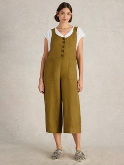White Stuff Viola Pure Linen Dungarees, Khaki Green, Khaki Green