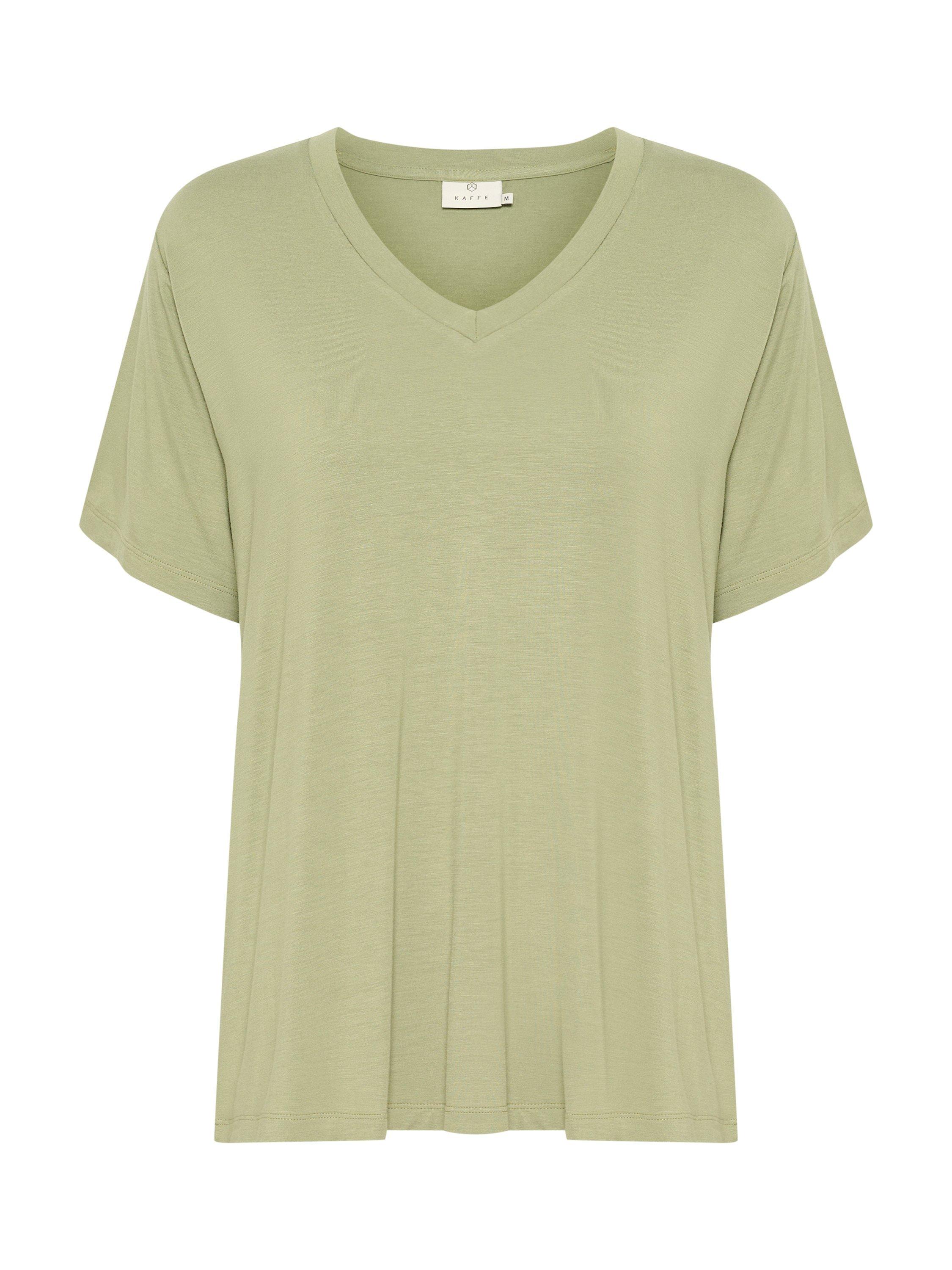 Product image 5 of 6, which shows KAFFE Frida V-Neck T-Shirt, Oil Green, XS