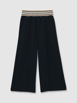 Reiss Kids' Stripe Waistband Wide Leg Trousers, Navy, Navy