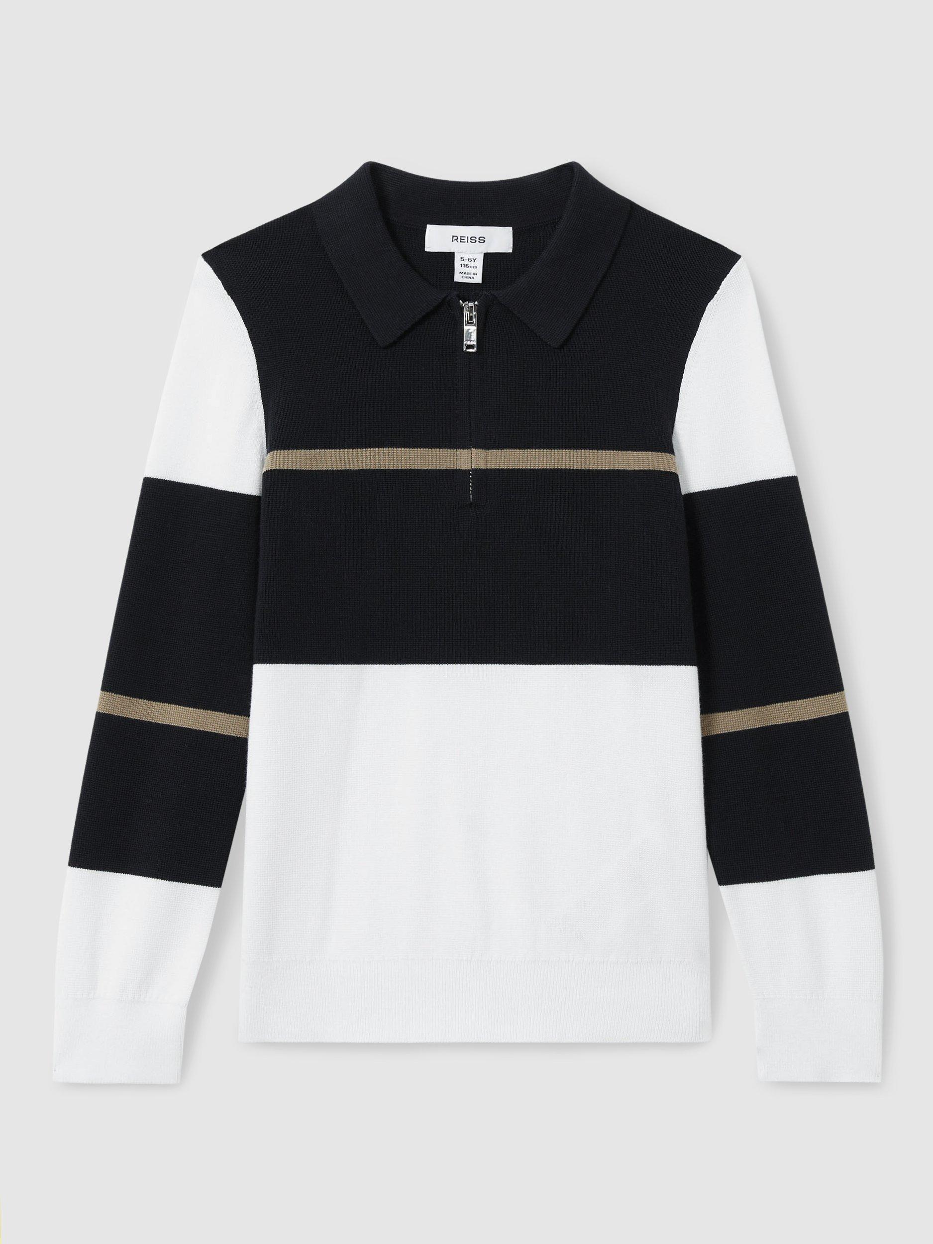 Product image 1 of 4, which shows Reiss Kids' Tokyo Colour Block Long Sleeve Half Zip Polo Shirt, Navy/White/Camel, 8-9 years