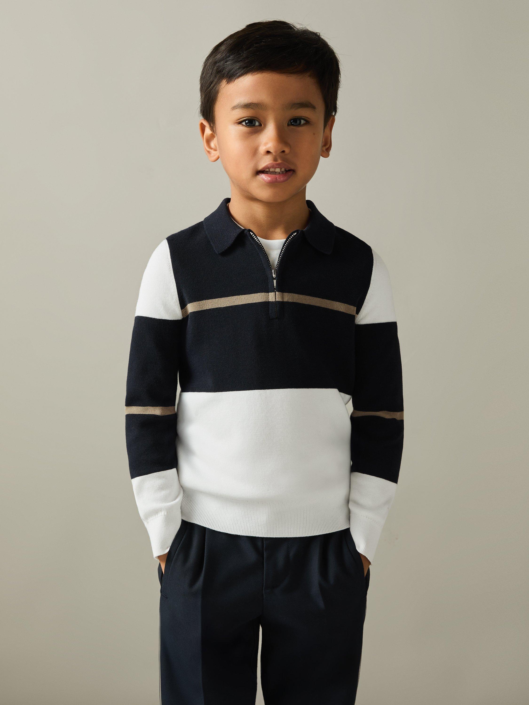 Product image 2 of 4, which shows Reiss Kids' Tokyo Colour Block Long Sleeve Half Zip Polo Shirt, Navy/White/Camel, 8-9 years