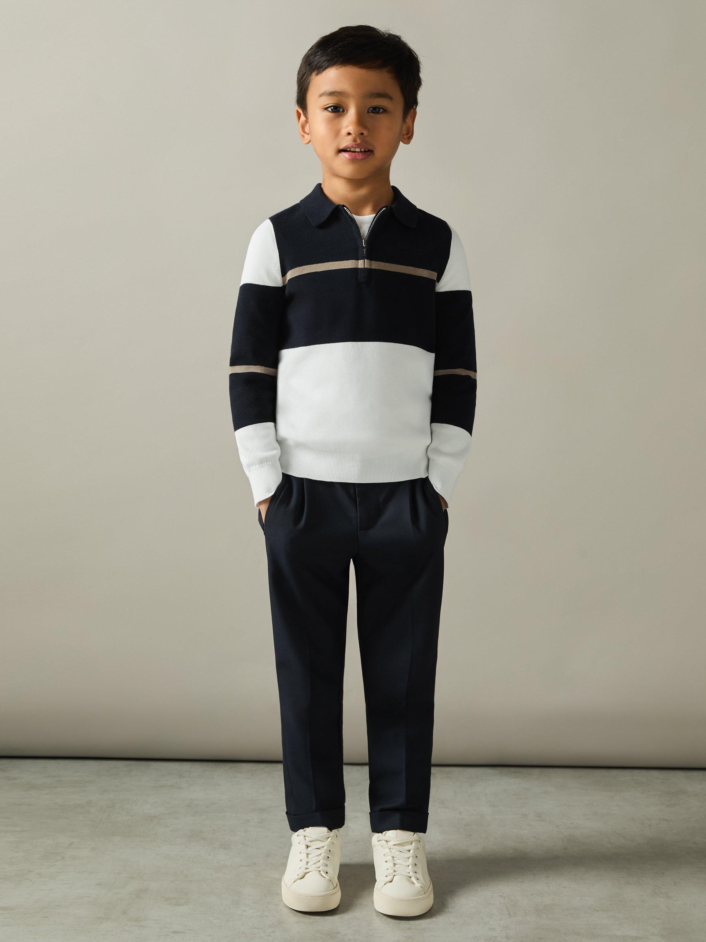 Product image 3 of 4, which shows Reiss Kids' Tokyo Colour Block Long Sleeve Half Zip Polo Shirt, Navy/White/Camel, 8-9 years