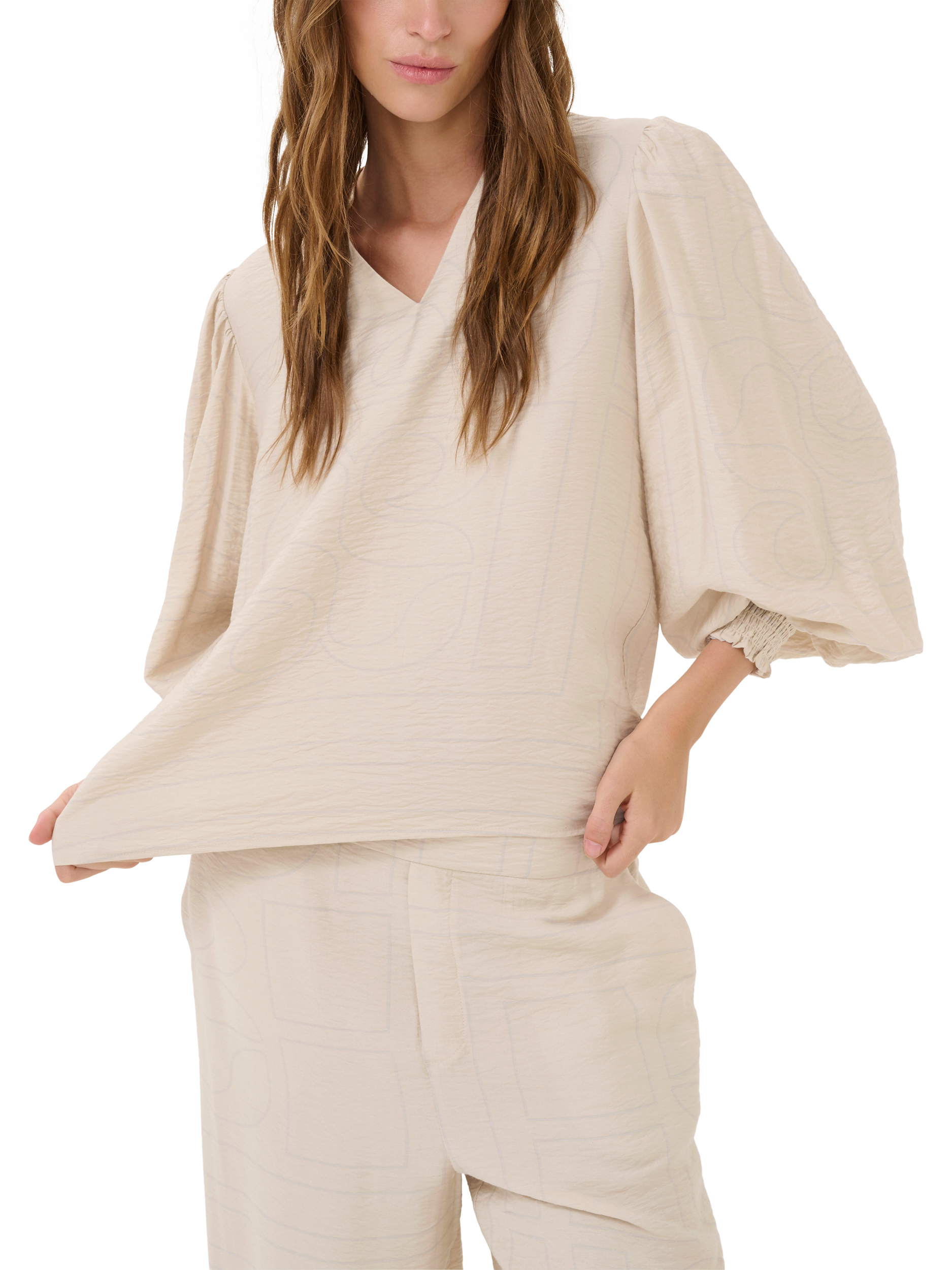 Product image 1 of 5, which shows MY ESSENTIAL WARDROBE Kelly Graphic Print Blouse, Oatmeal, XS