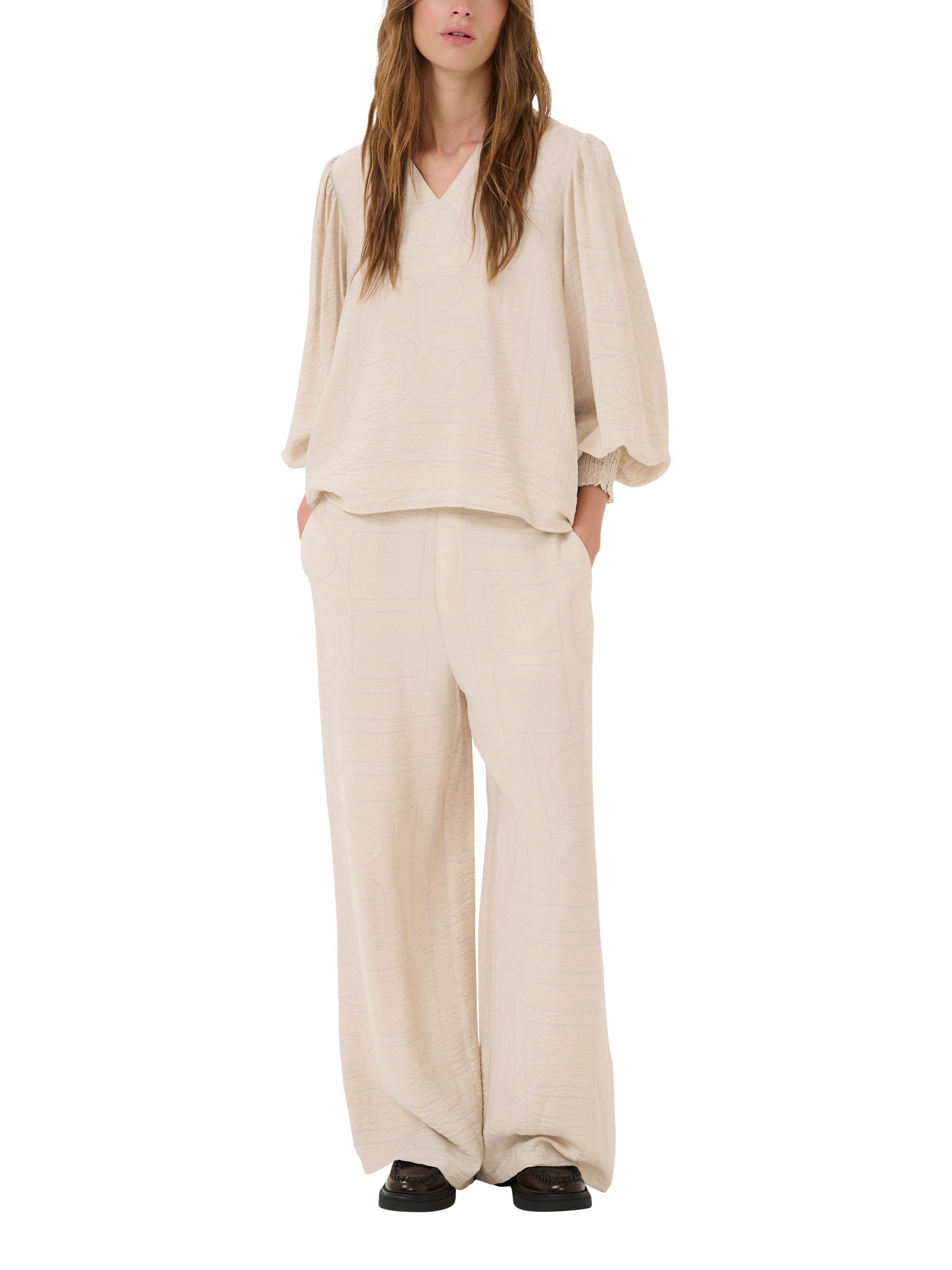 Product image 3 of 5, which shows MY ESSENTIAL WARDROBE Kelly Graphic Print Blouse, Oatmeal, XS