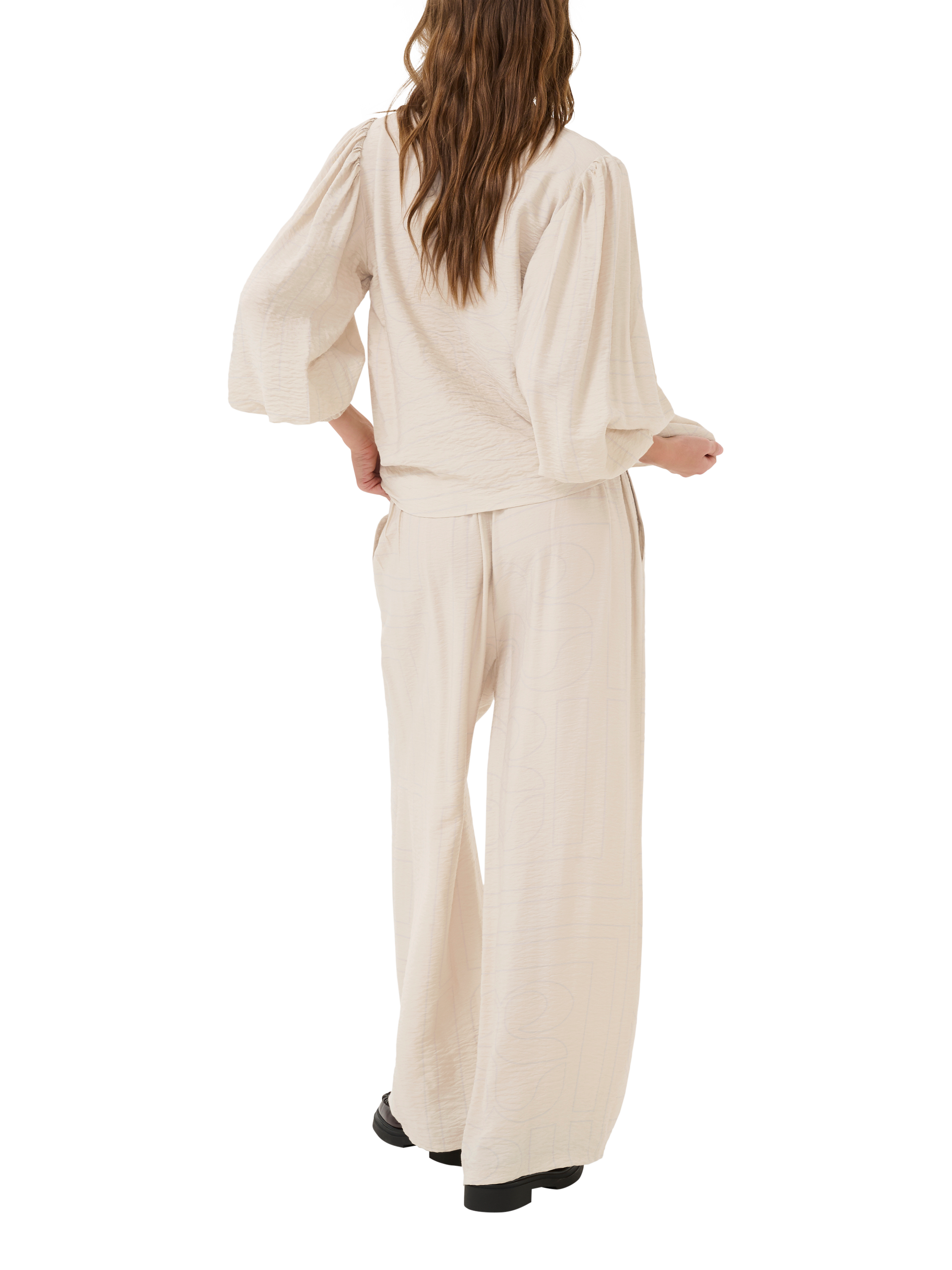 Product image 2 of 5, which shows MY ESSENTIAL WARDROBE Kelly Graphic Print Wide Leg Casual Trousers, Oatmeal, 8