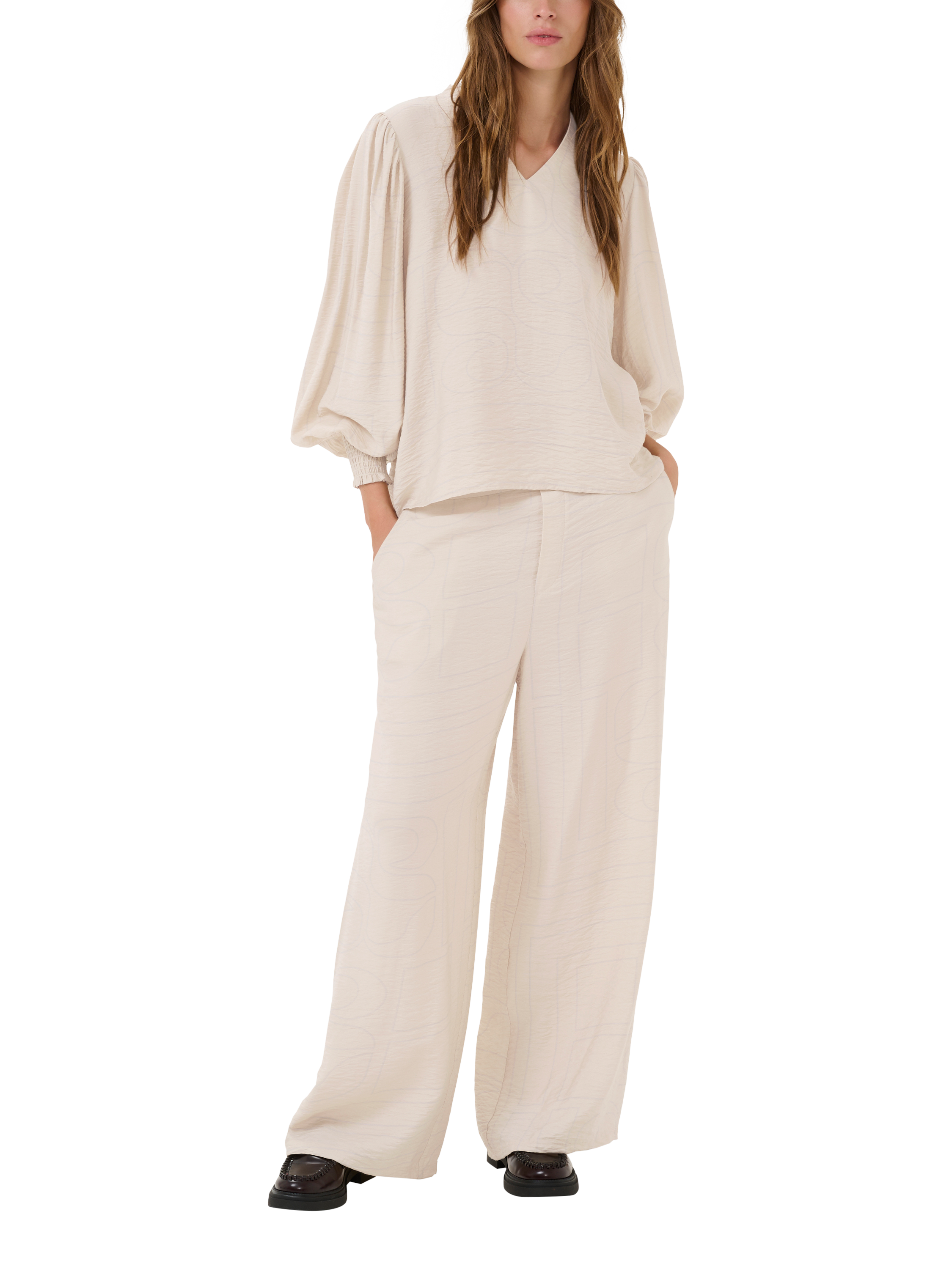 Product image 3 of 5, which shows MY ESSENTIAL WARDROBE Kelly Graphic Print Wide Leg Casual Trousers, Oatmeal, 8