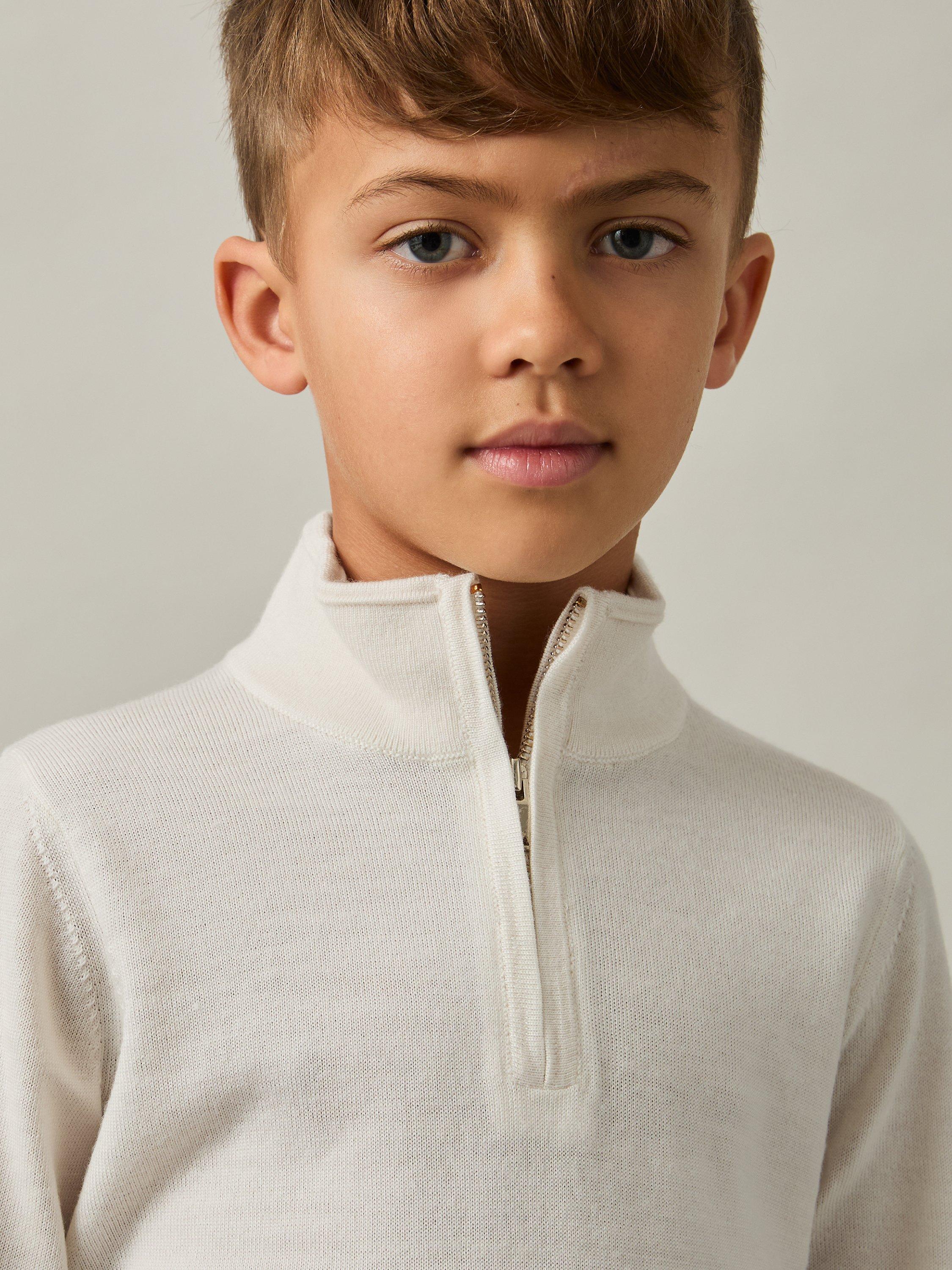 Product image 1 of 4, which shows Reiss Kids' Blackhall Half-Zip Funnel Neck Wool Jumper, Snow, 3-4 years