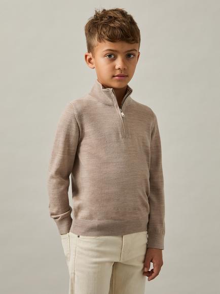 Reiss Kids' Blackhall Half-Zip Funnel Neck Wool Jumper, Wheat Melange