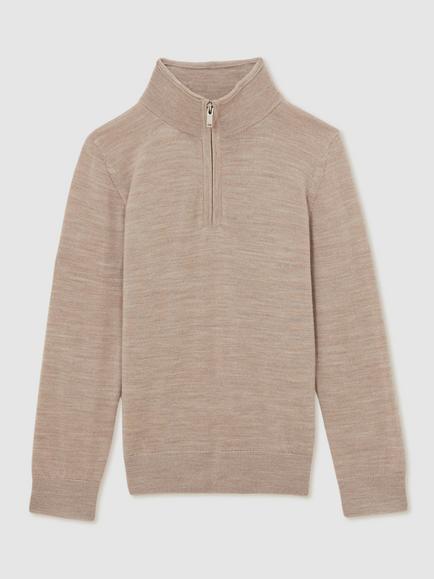 Reiss Kids' Blackhall Half-Zip Funnel Neck Wool Jumper - view 2, Wheat Melange