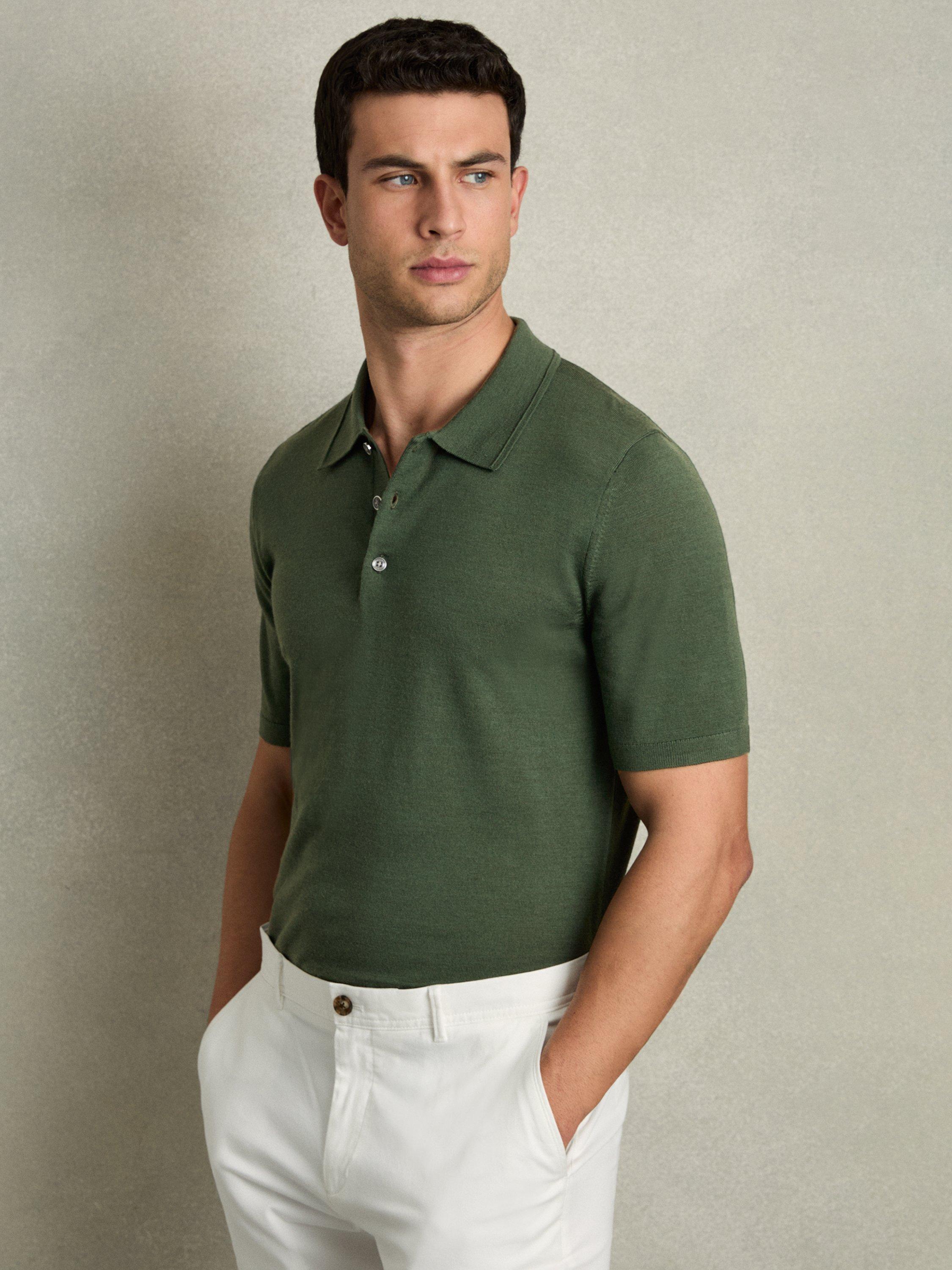 Product image 1 of 5, which shows Reiss Manor Merino Wool Polo Shirt, Dark Kale Green, XS