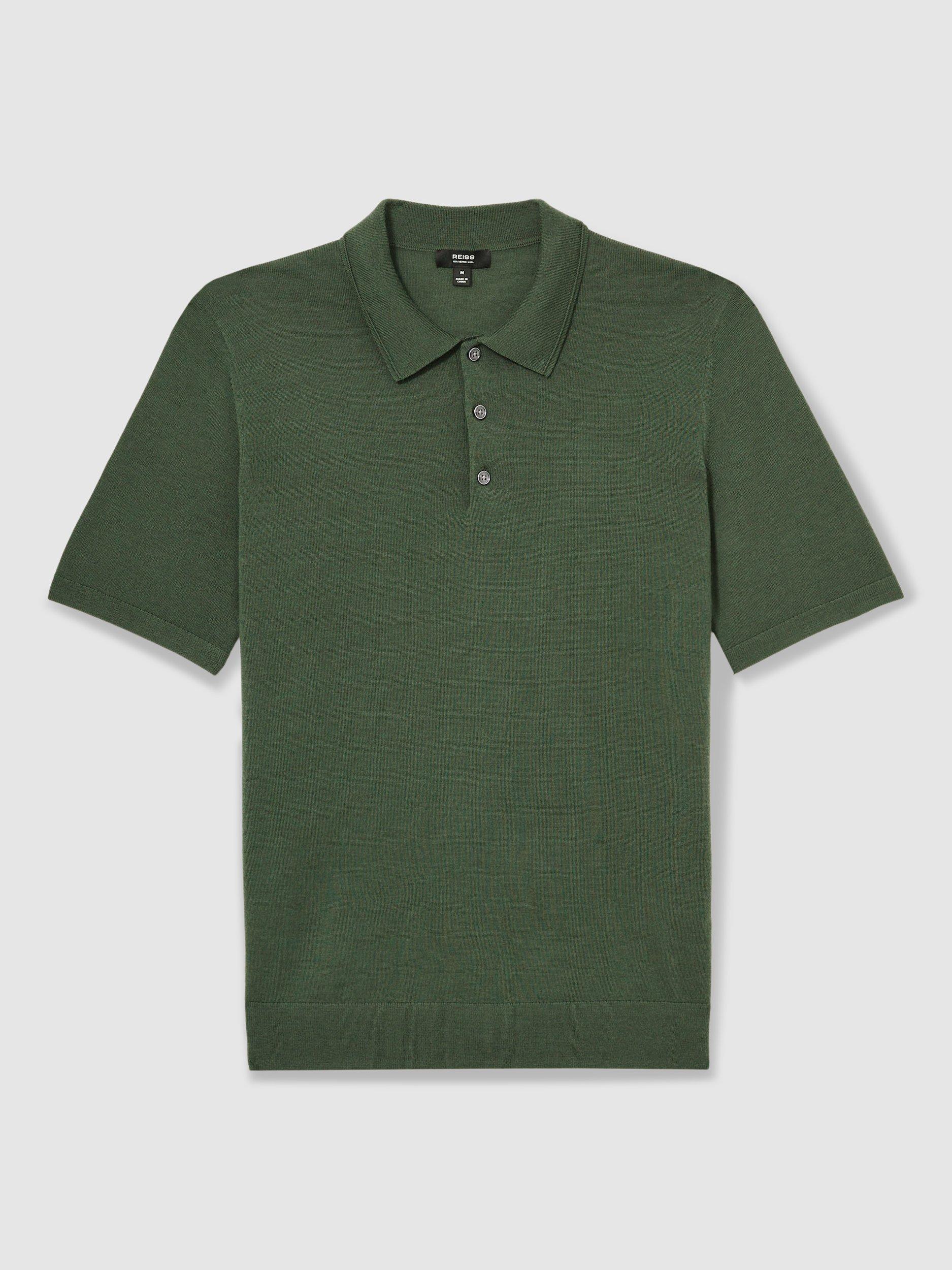 Product image 3 of 5, which shows Reiss Manor Merino Wool Polo Shirt, Dark Kale Green, XS