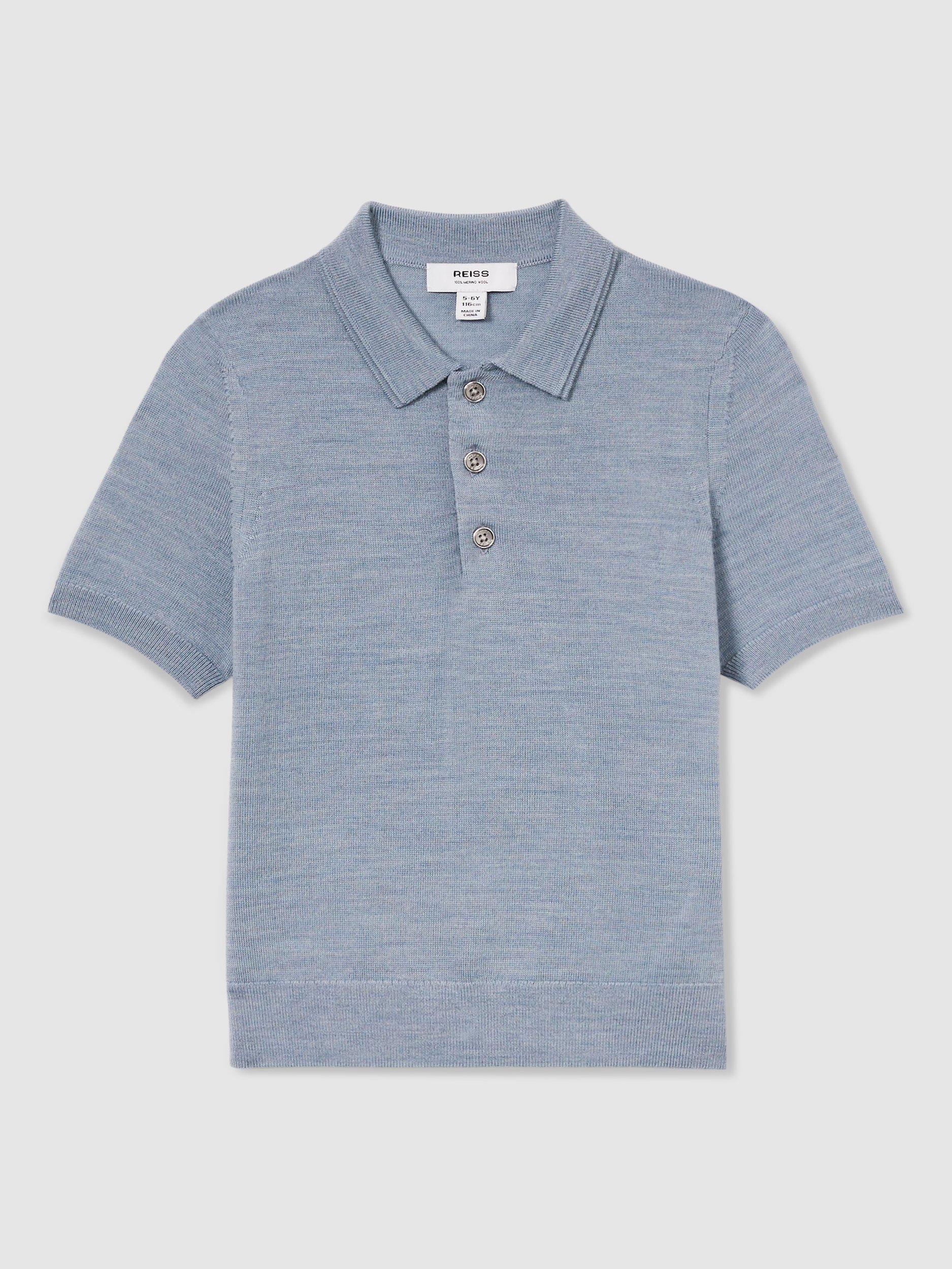 Product image 1 of 4, which shows Reiss Kids' Manor Wool Polo Shirt, Soft Blue Melange, 4-5 years