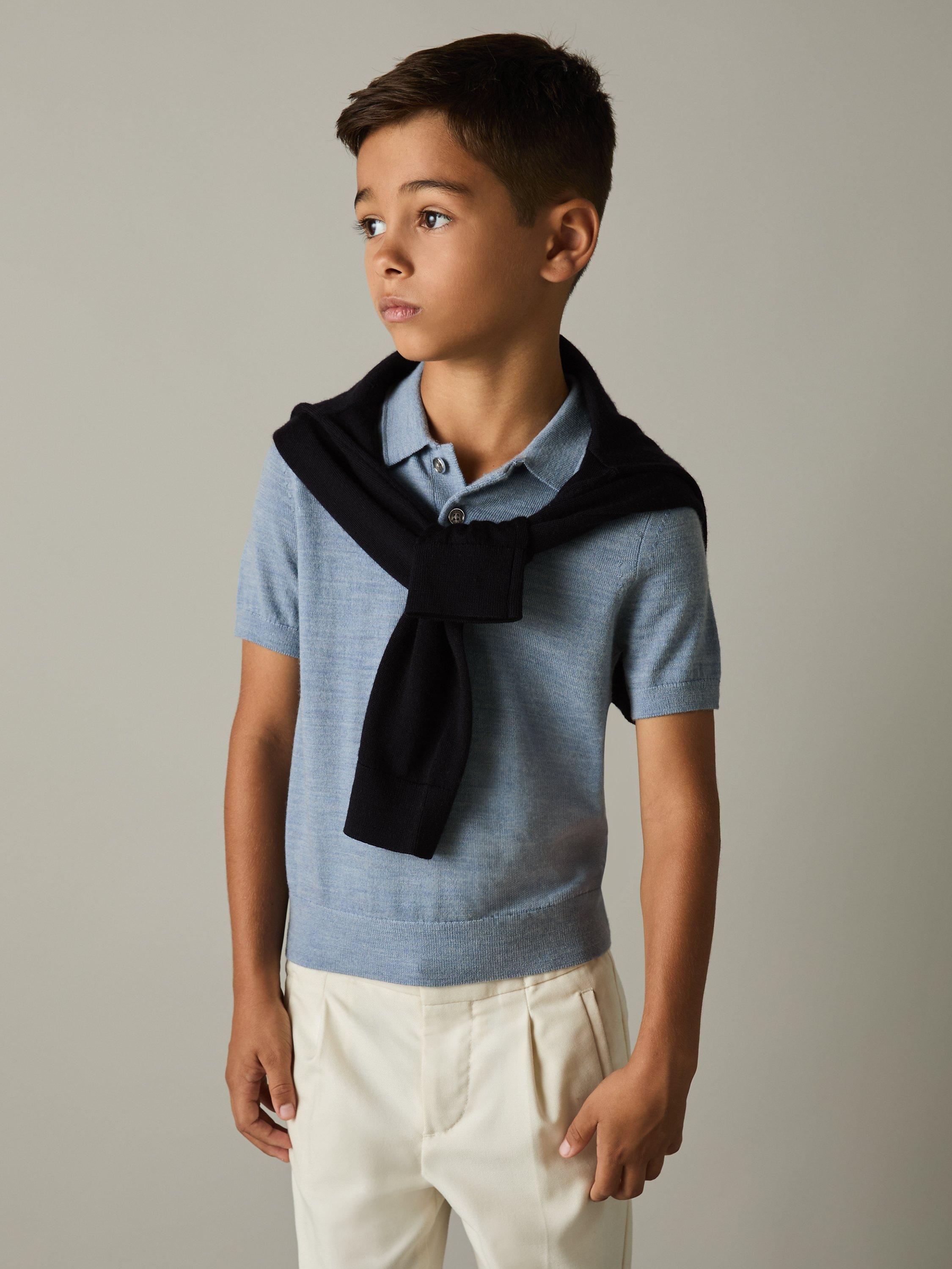 Product image 2 of 4, which shows Reiss Kids' Manor Wool Polo Shirt, Soft Blue Melange, 4-5 years